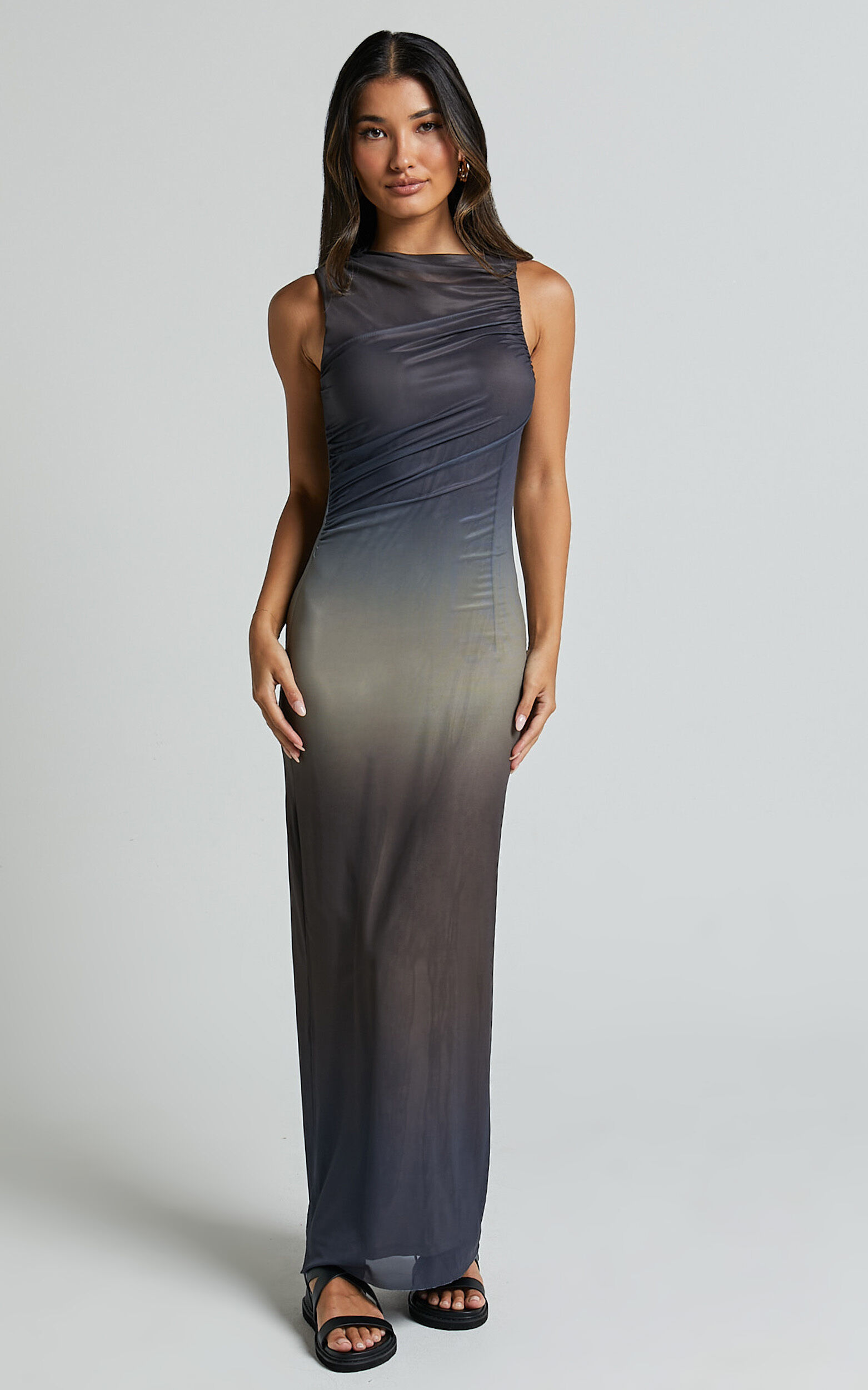 Tassa Midi Dress - High Neck Slip Mesh Ombre Dress in Stormy Ombre