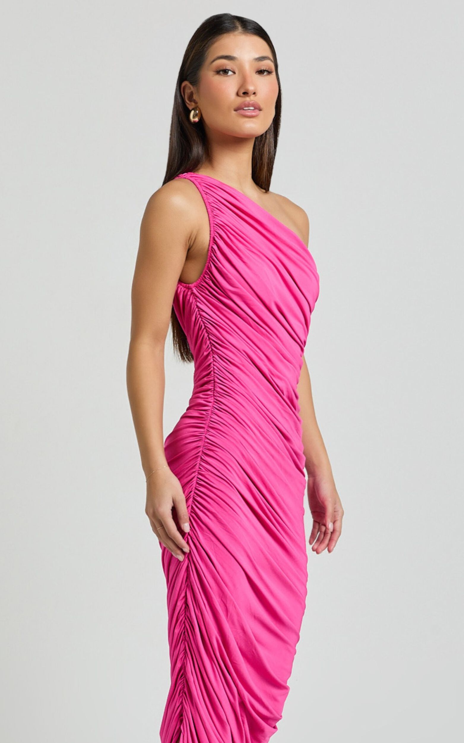 Lovlin Midi Dress - One Shoulder Ruched Dress in Fuchsia Pink