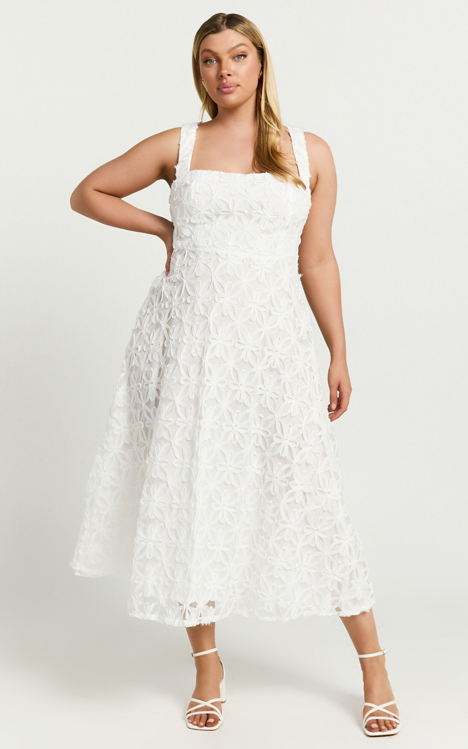 Clarissa Midi Dress - Square Neck Open Back A Line Dress in White