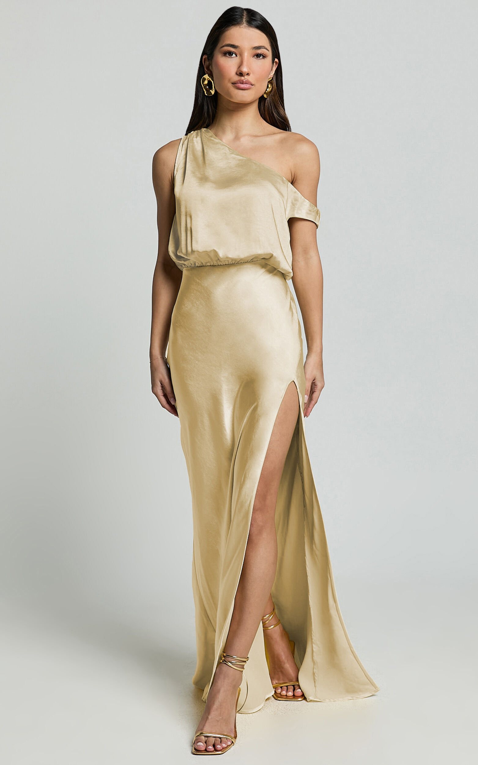 Jensen Midi Dress - Off Shoulder High Split Bias Slip Dress in Lemon