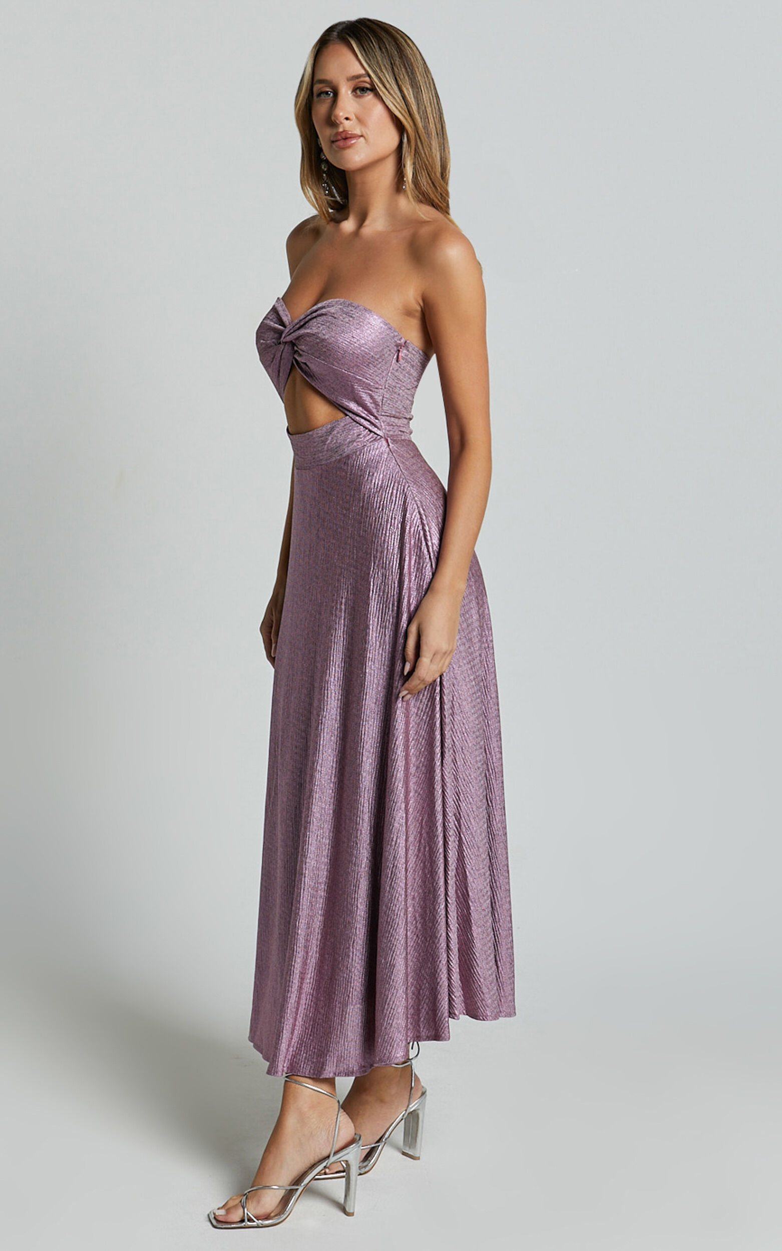 Effie Midi Dress - Strapless Twist Front Metallic Dress in Pink
