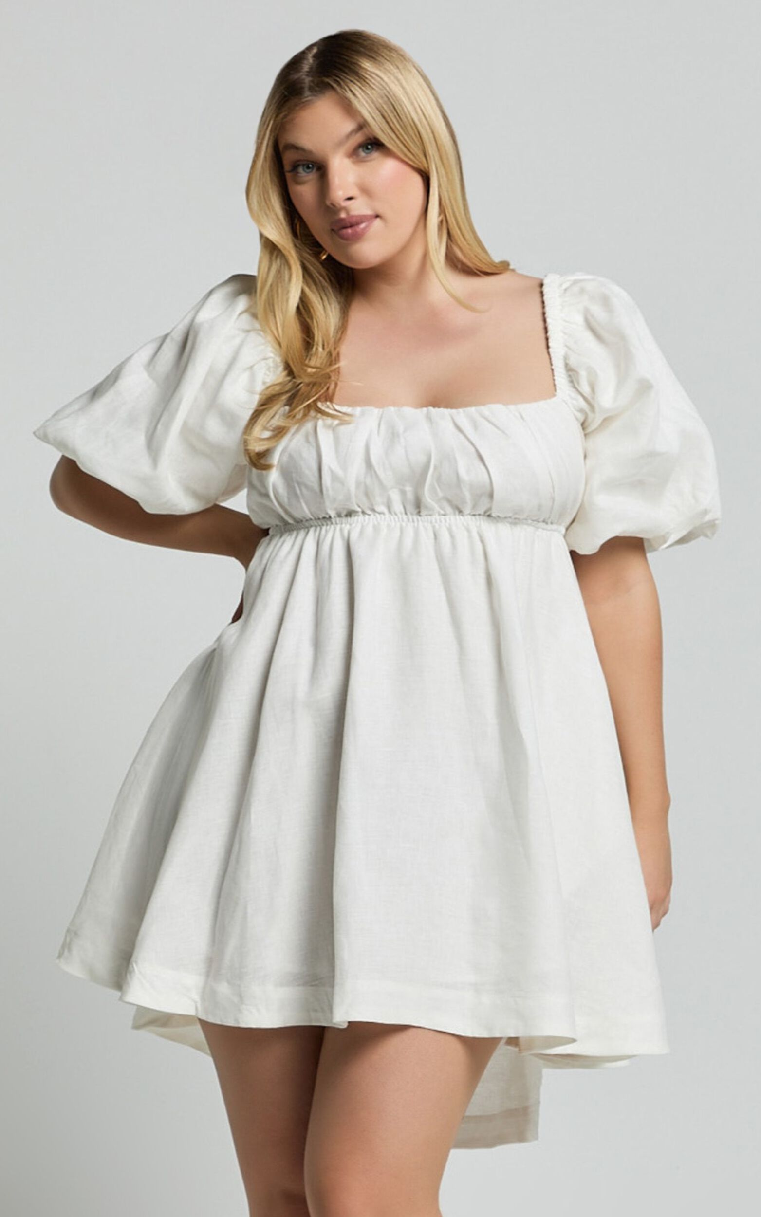 Amalie The Label - Hamyya Linen Tie Back Puff Sleeve Mini Linen Dress in White