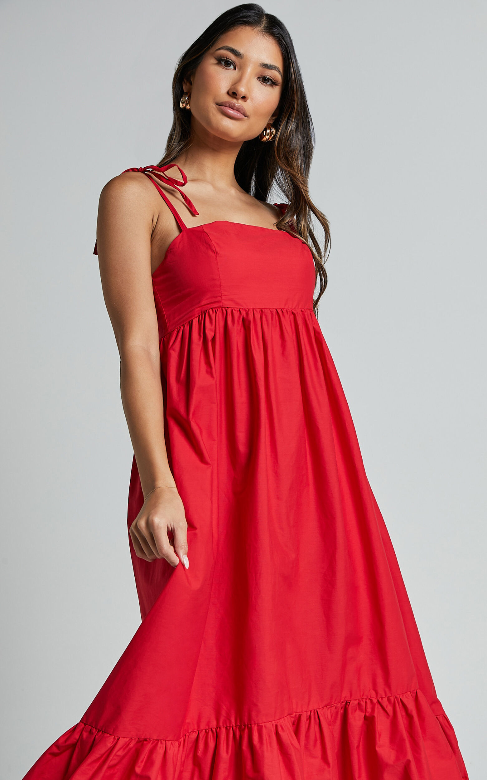 Aveiro Midi Dress - Straight Neck Shoulder Tie High Low Ruffle Hem in Red