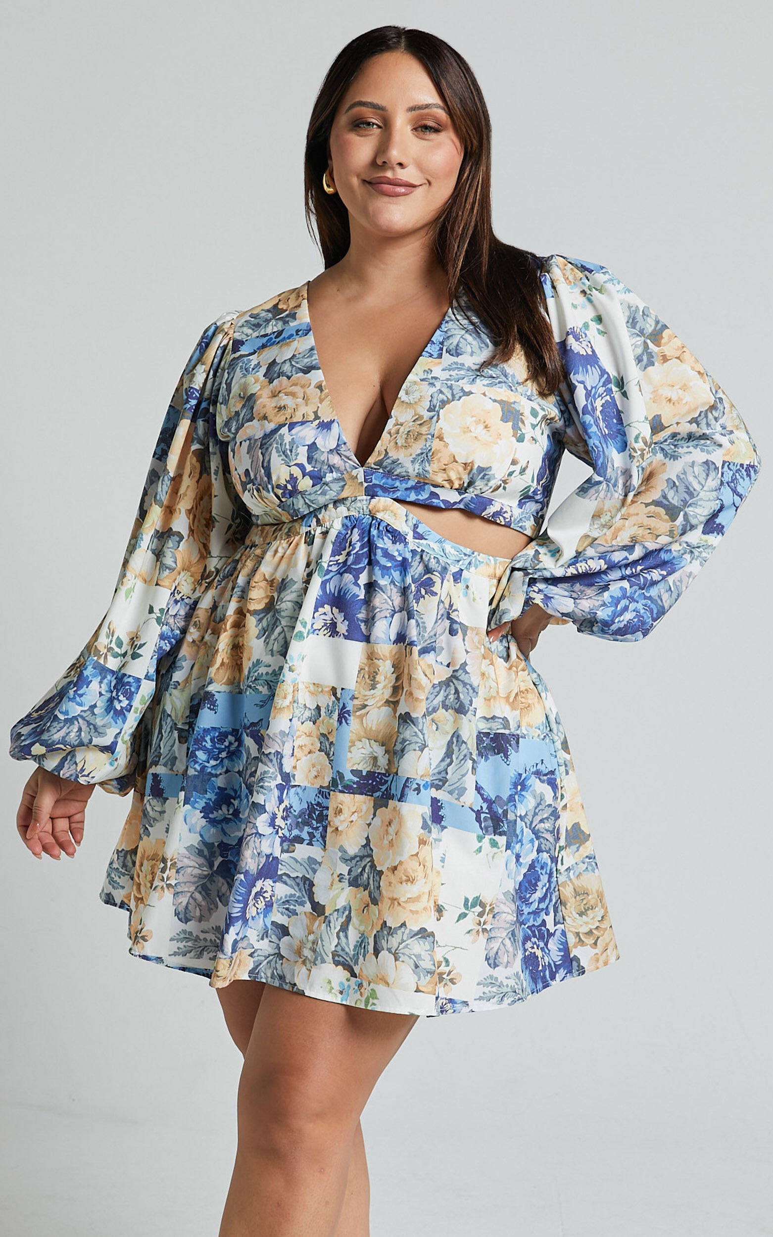 Emily Mini Dress - V Neck Long Sleeve Cut Out Dress in Patchwork Floral
