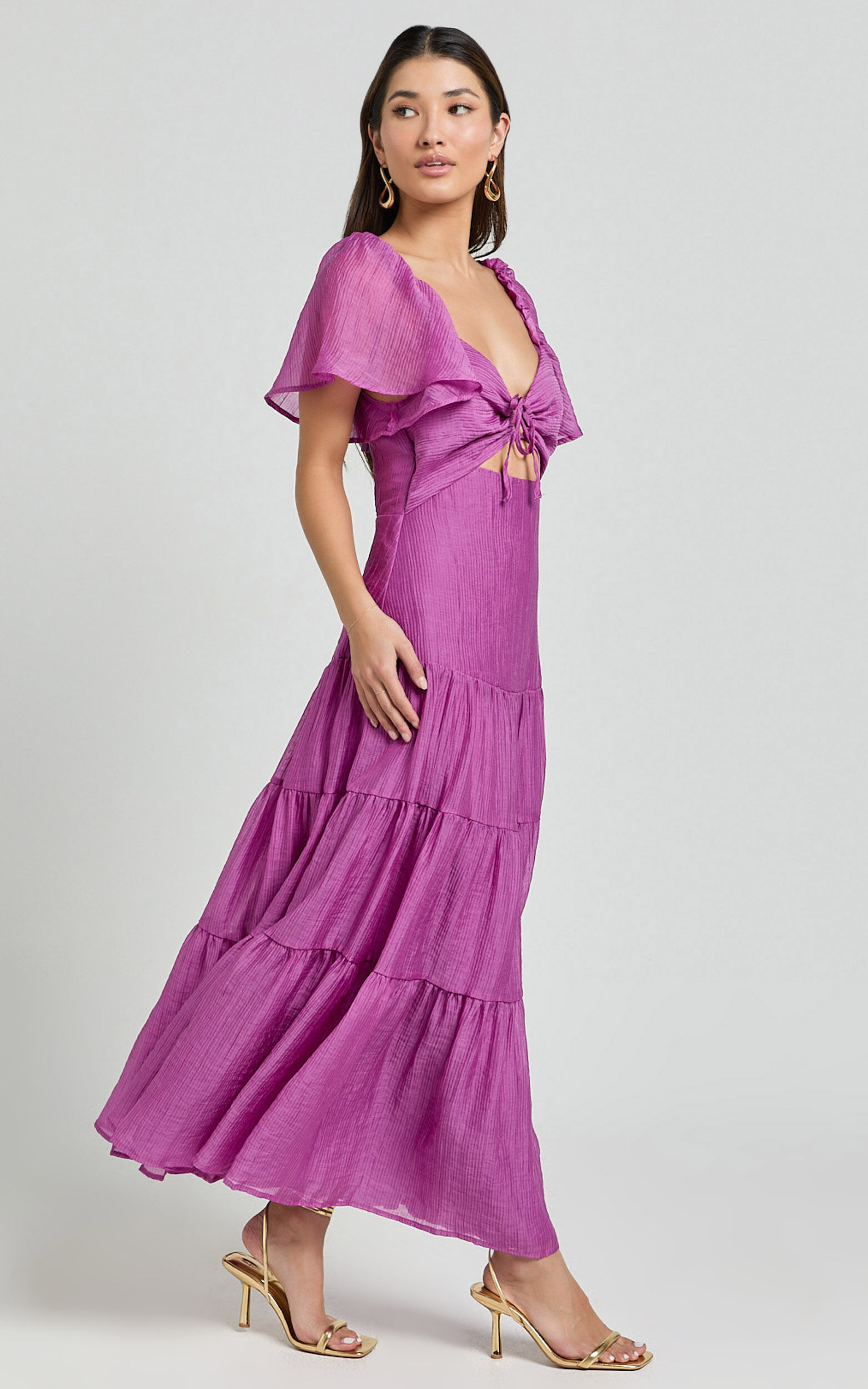 Patricia Midi Dress - Flutter Sleeve Tie Front Tiered Dress in Orchid