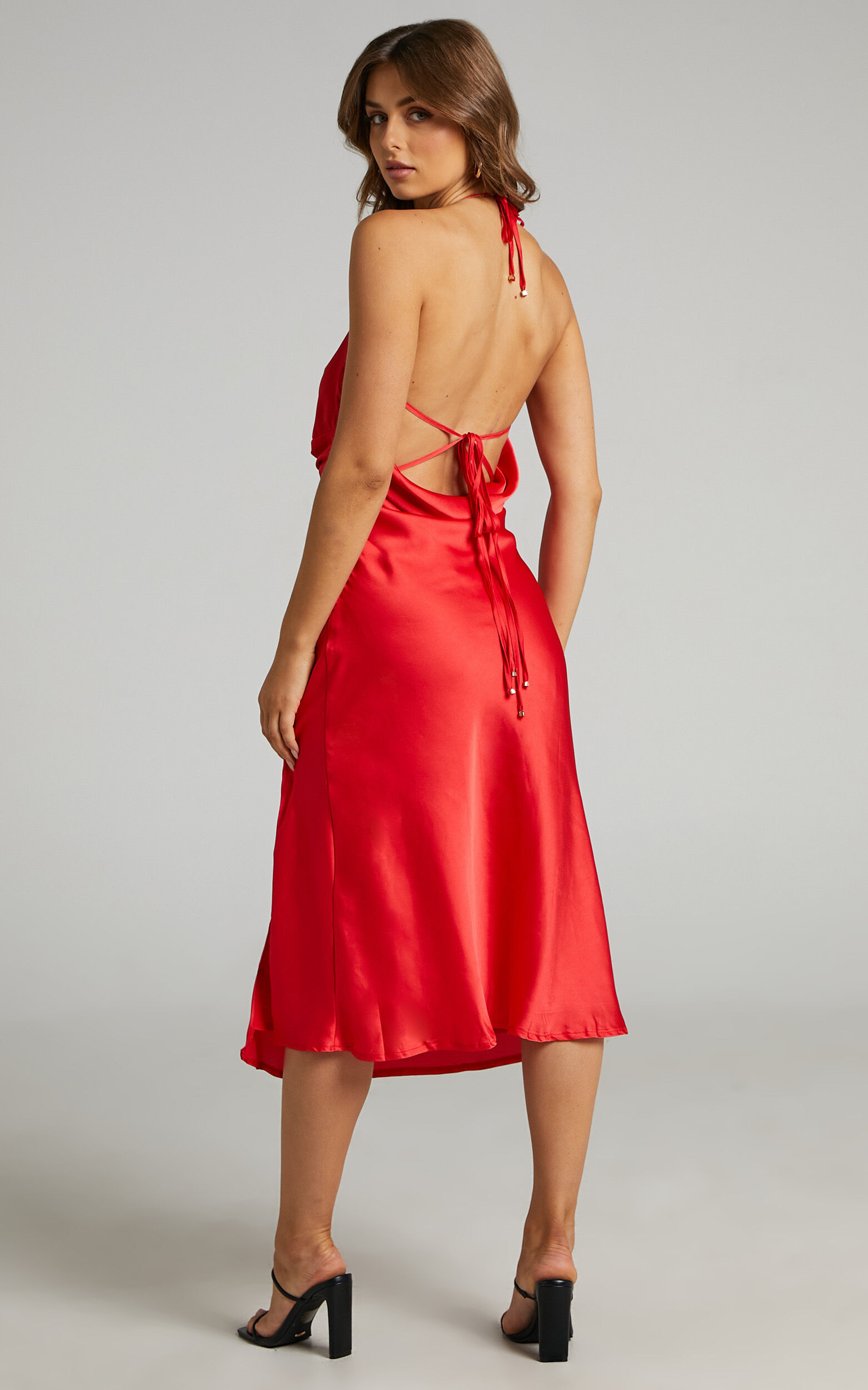 Florentina Midi Dress - Twist Front Open Tie Back Dress in Red