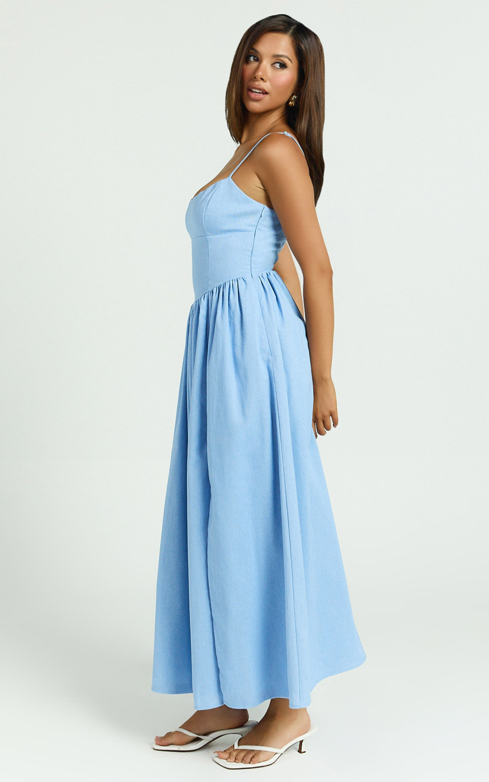 Morris Midi Dress - Linen Scoop Neck Gathered Dress in Blue