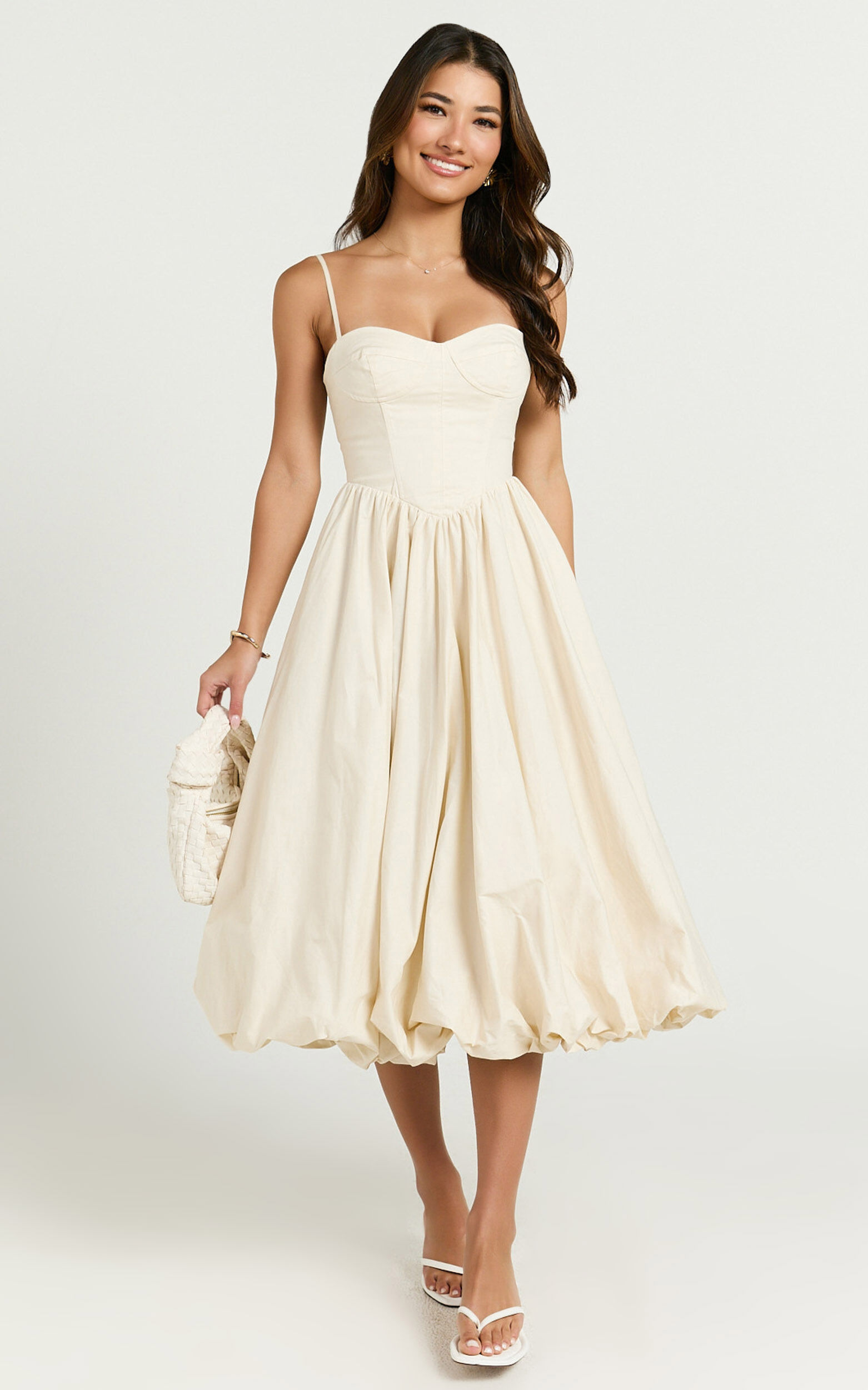 Kara Midi Dress - Strapped Bustier Bubble Hem Dress in Cream