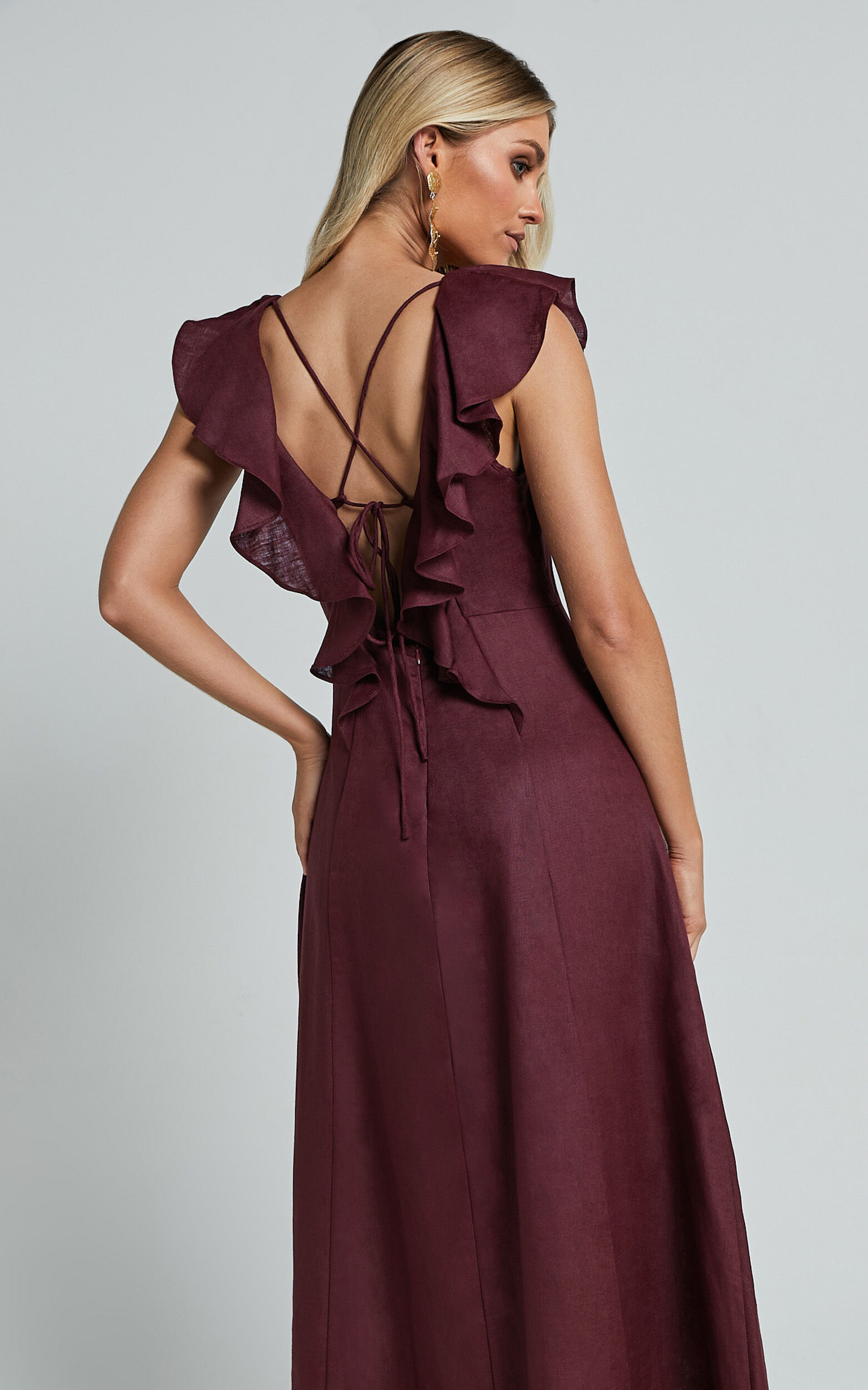 Amalie The Label - Penelope Linen Flutter Sleeve Low Back Maxi Linen Dress in Wine
