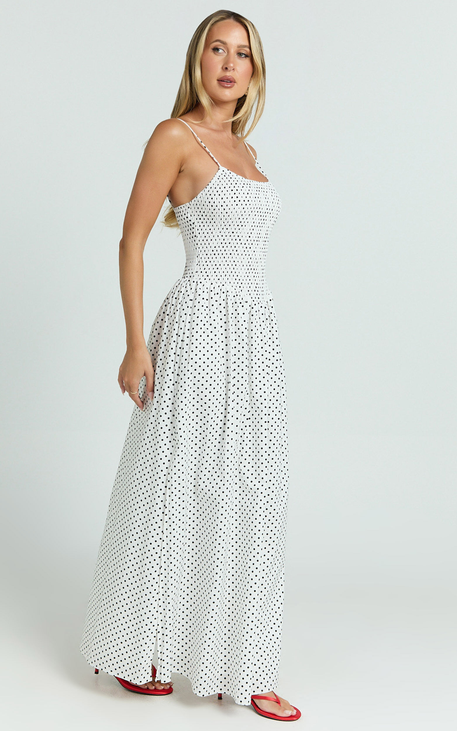 Doris Maxi Dress - Strappy Fit and Flare Maxi Dress in White Polkadot