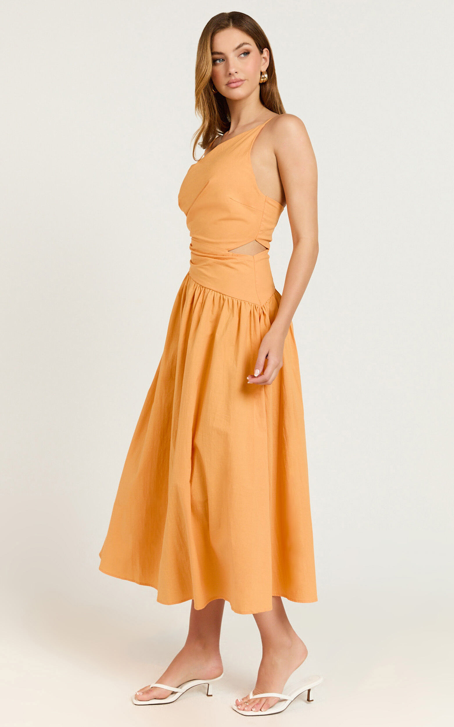 Ebony Midi Dress - Asymmetrical Cut Out Dress in Orange