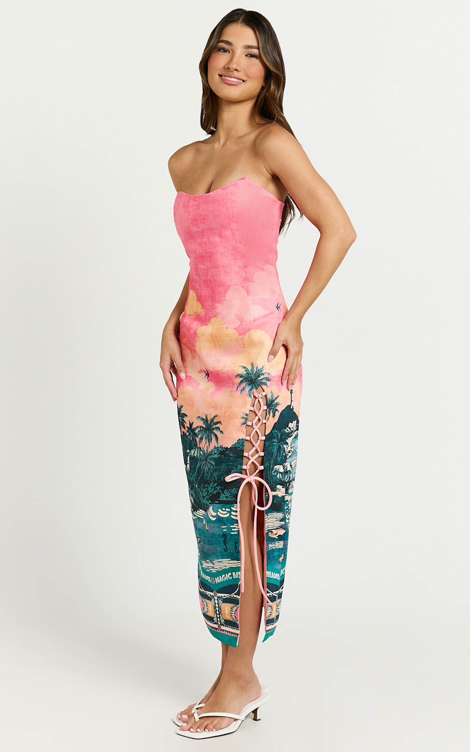 Amalie The Label - Leesha Strapless Fitted Split Leg Midi Dress in Island Sunset Print