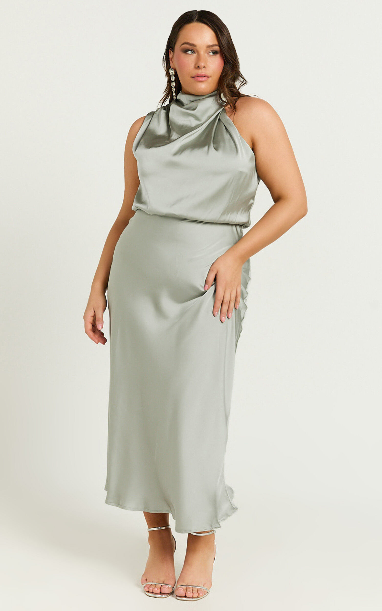 Minnie Midi Dress - Drape Neck Satin Slip Dress in Sage