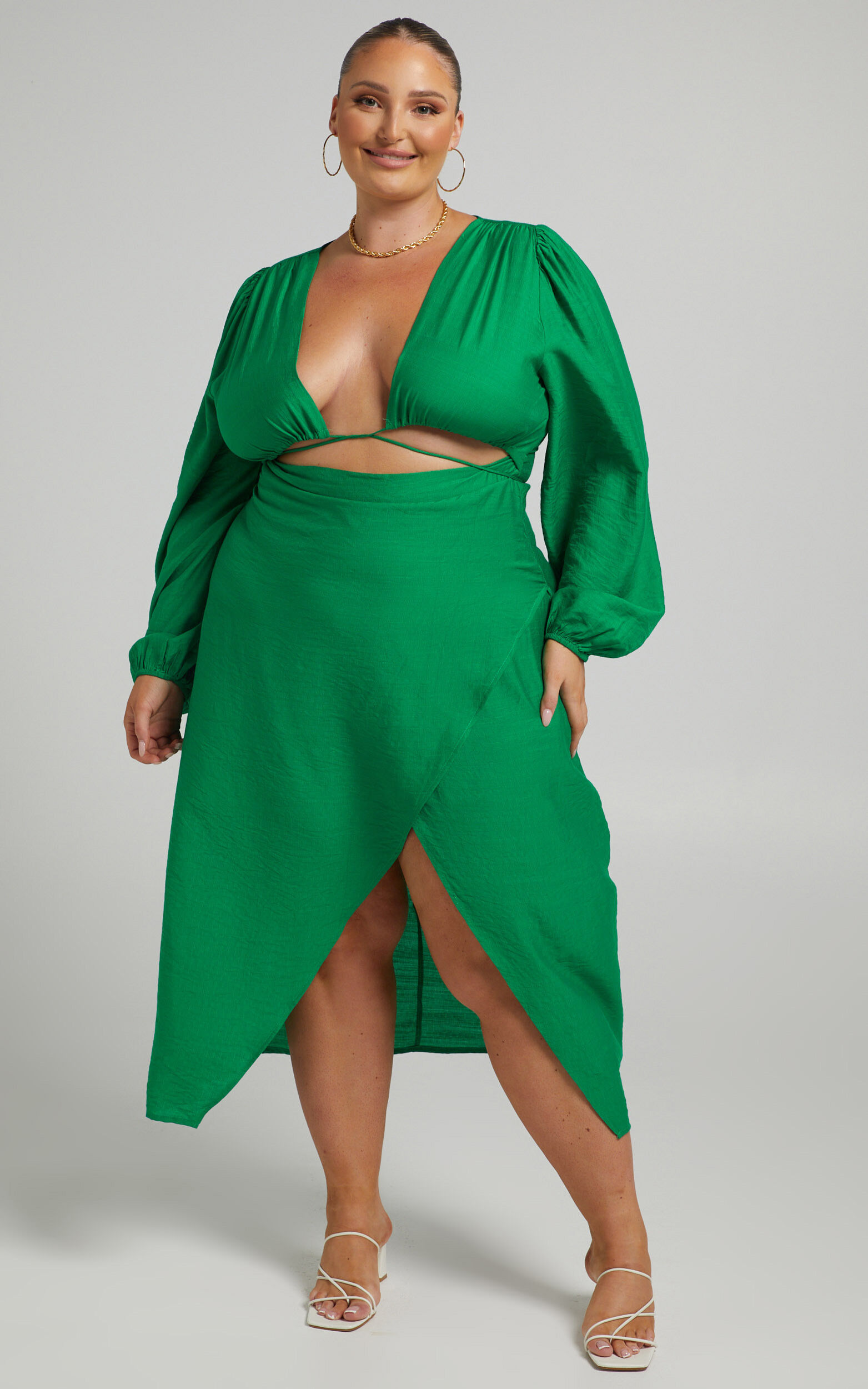 Demieh Midi Dress - Front Cut Out Long Sleeve Dress in Green