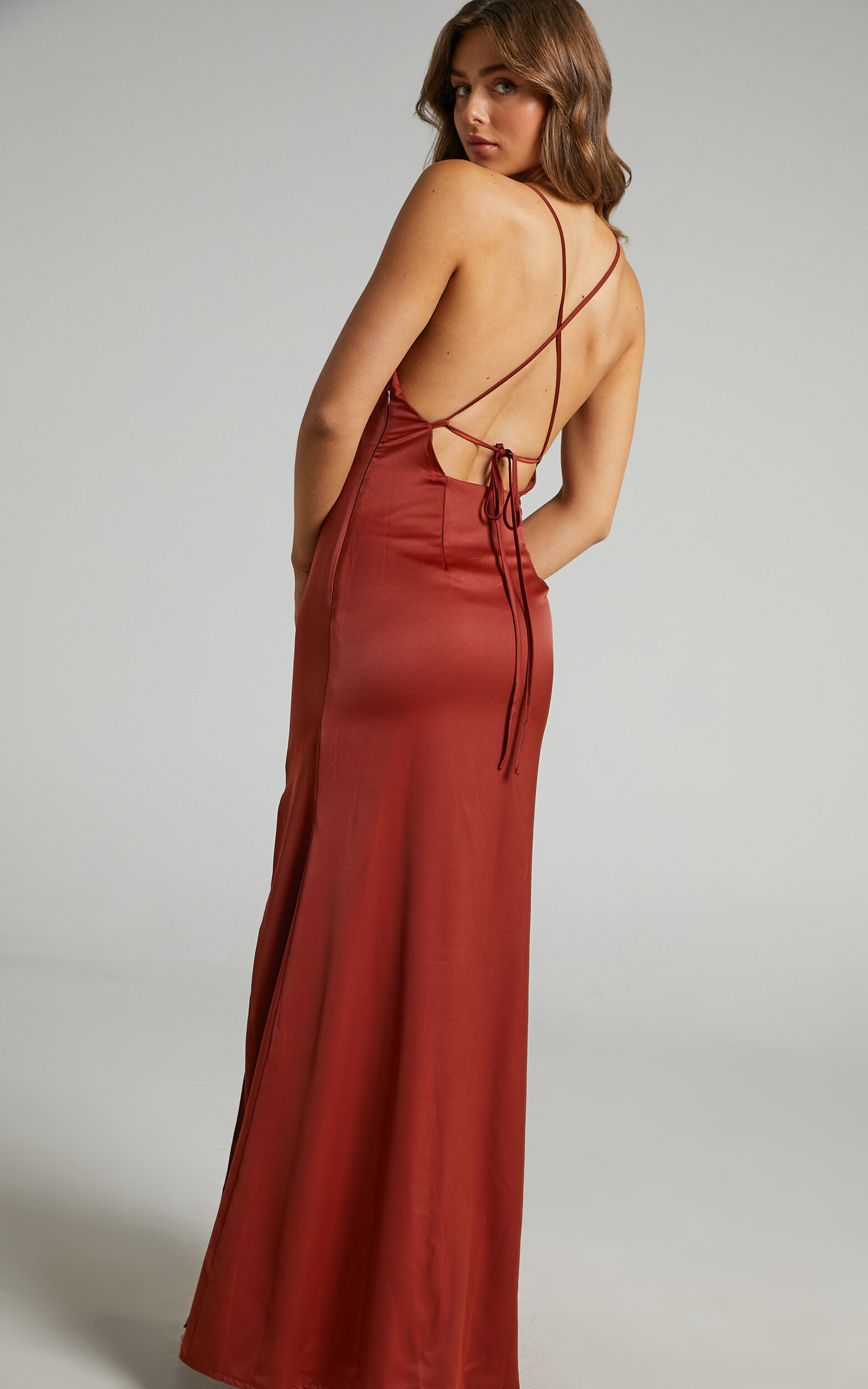 A Final Toast Midi Dress - Cowl Neck Thigh Split Dress in Copper Satin