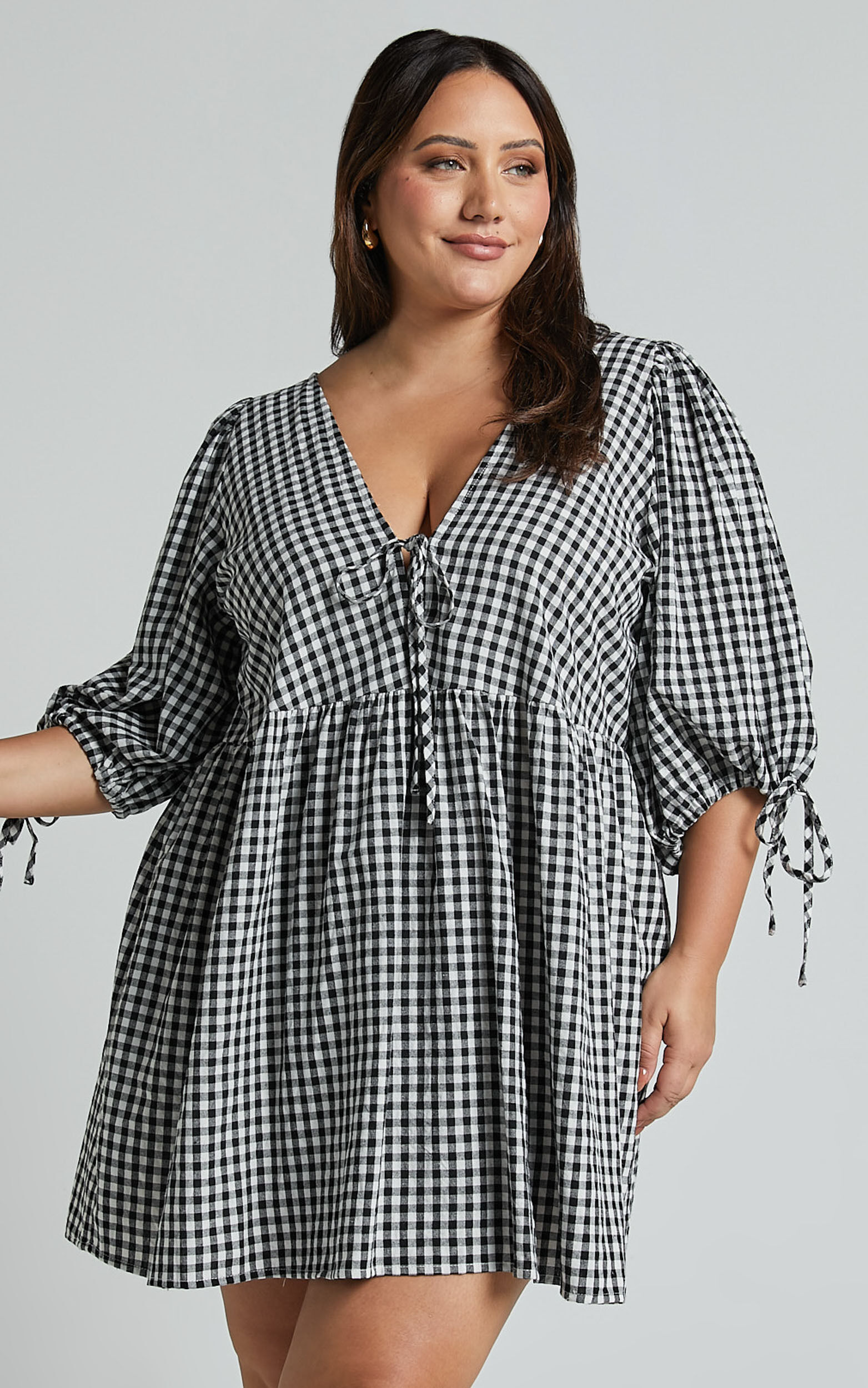 Rosita Mini Dress - Tie Front Puff Sleeve Dress in Black and White Check