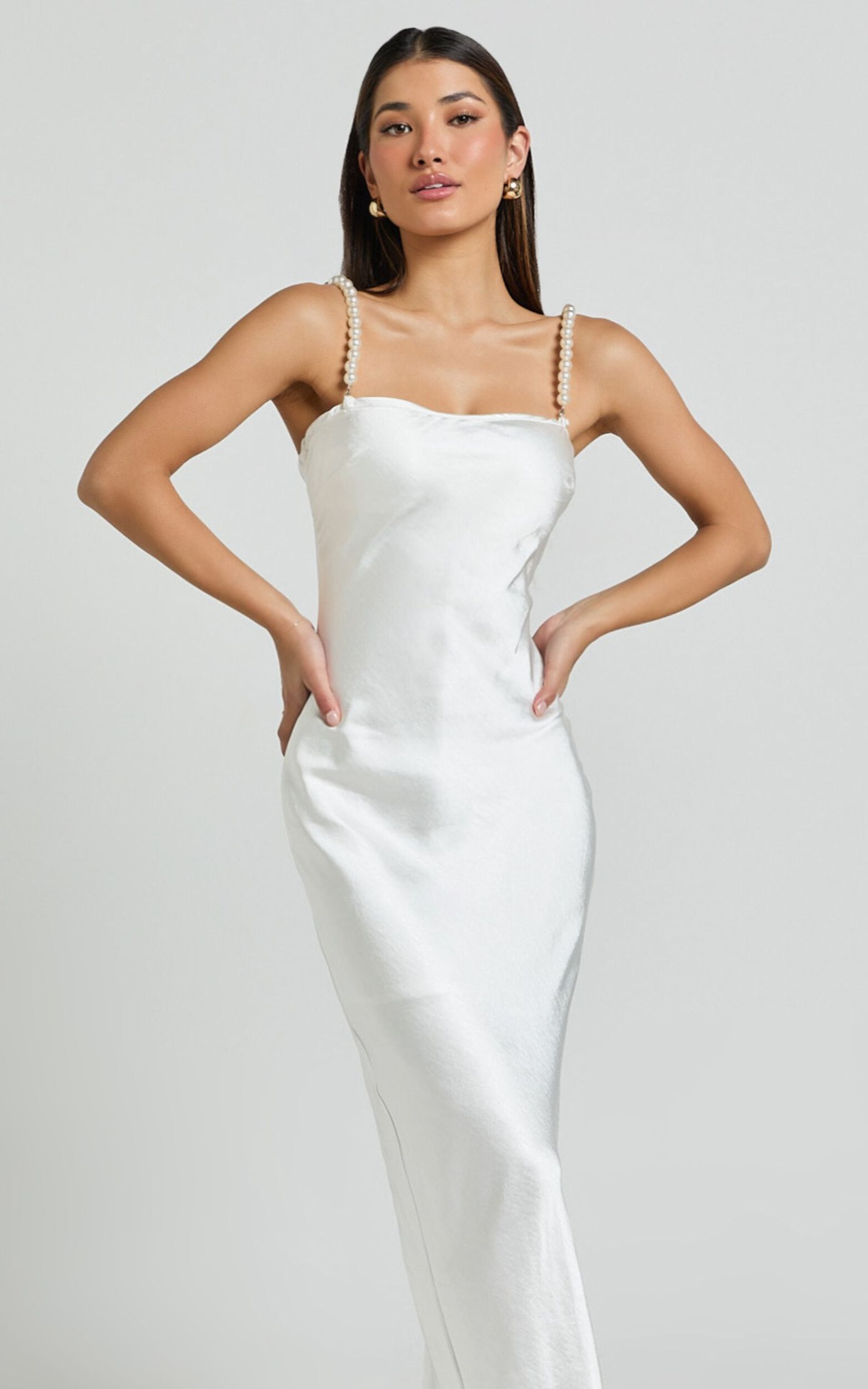 Beth Midi Dress - Pearl Detail Strap Straight Neck Slip Dress in White