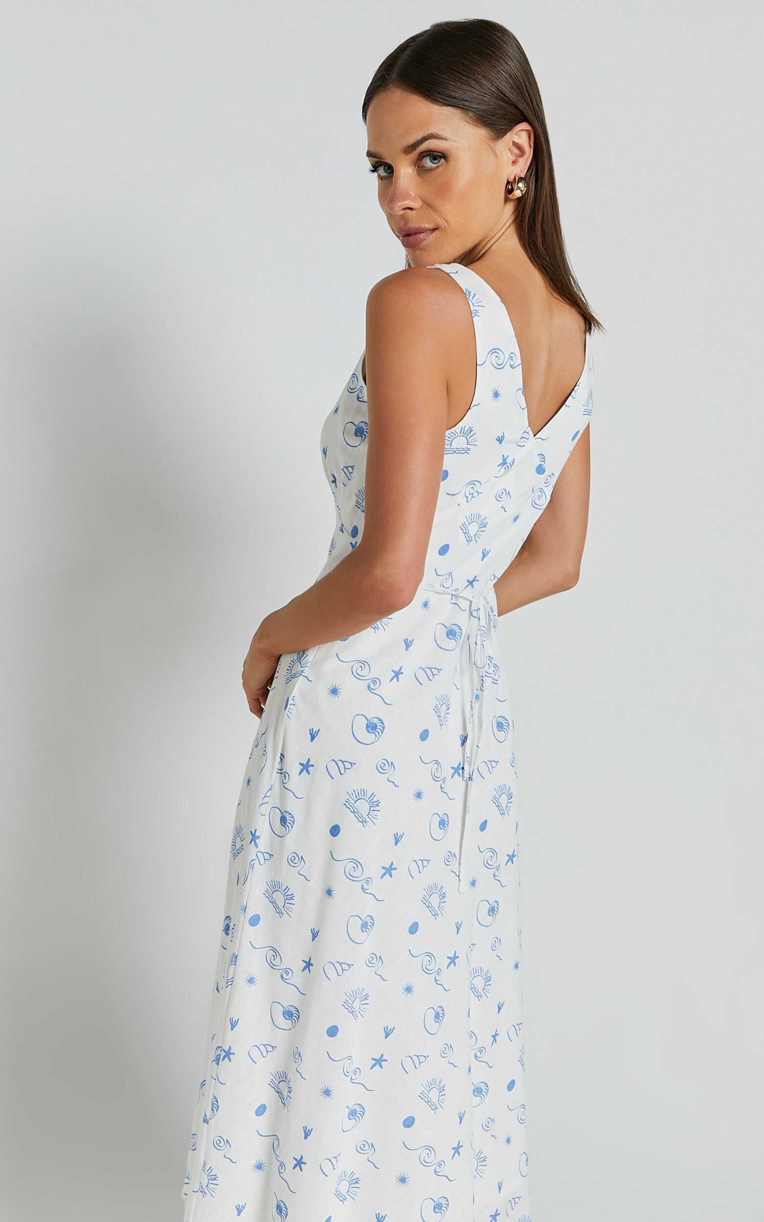 Becca Midi Dress - Ruched Bust Sleeveless V Neck Dress in Blue Print