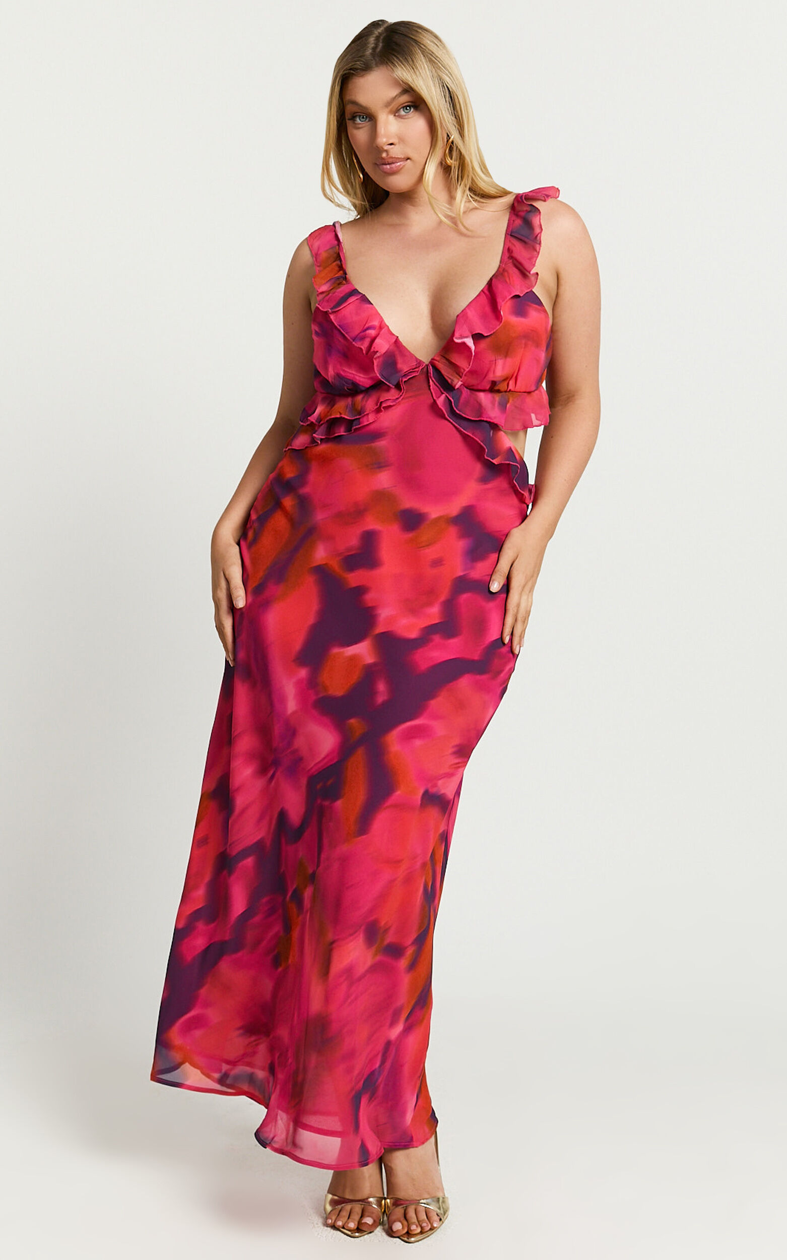 Alessa Maxi Dress - V Neck Frill Detail Empire Waist Back Cut Out Dress in Adeana Print
