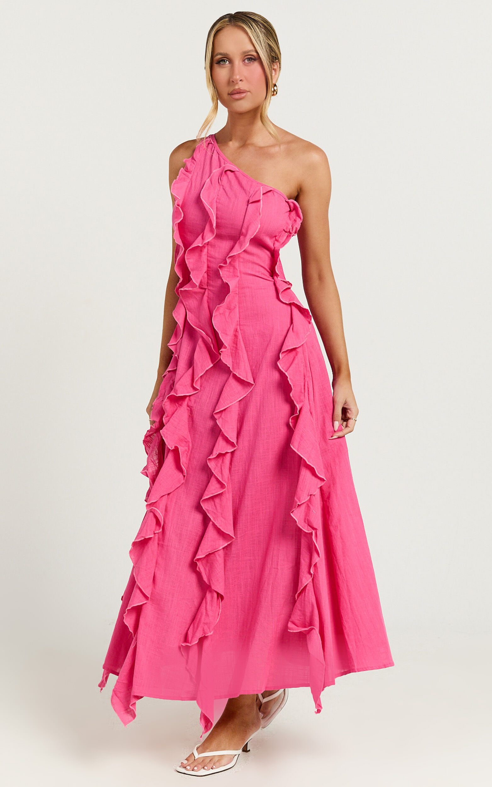 Britney Maxi Linen Dress - One Shoulder Ruffle Detail Dress in Pink