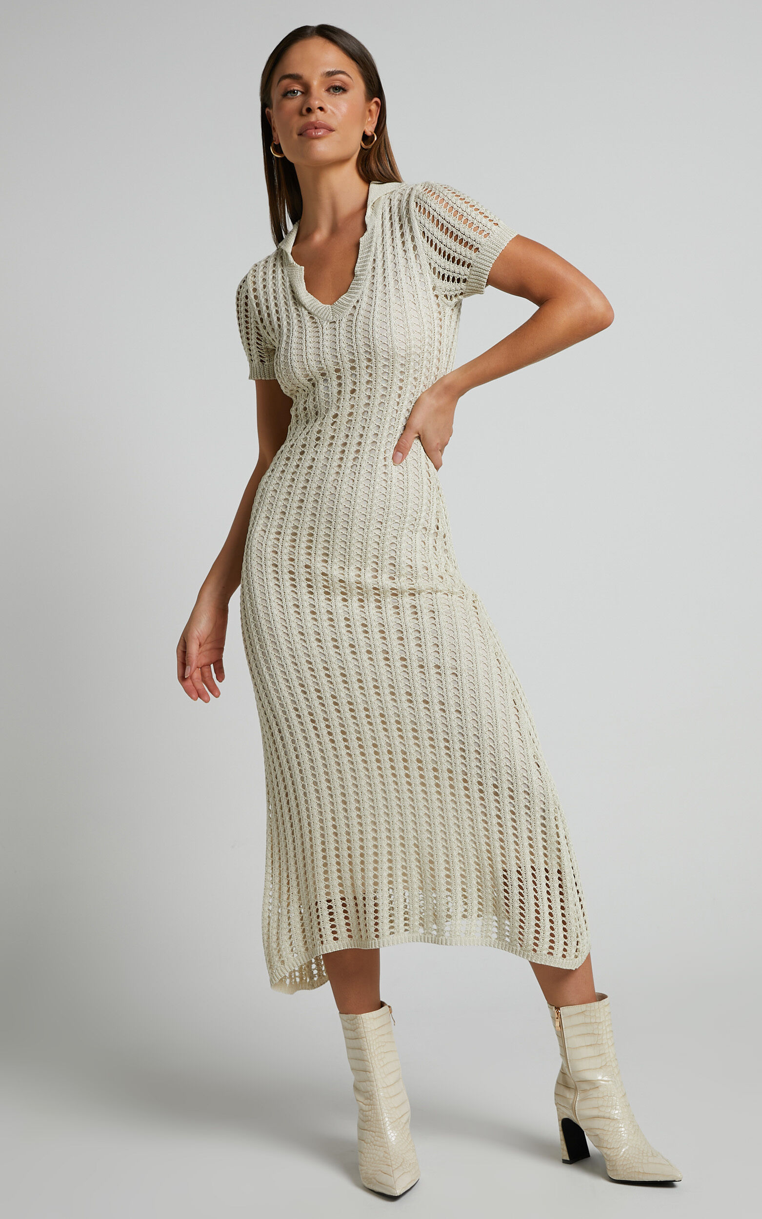 Jolie Midi Dress - Crochet Collared Short Sleeve Dress in Cream