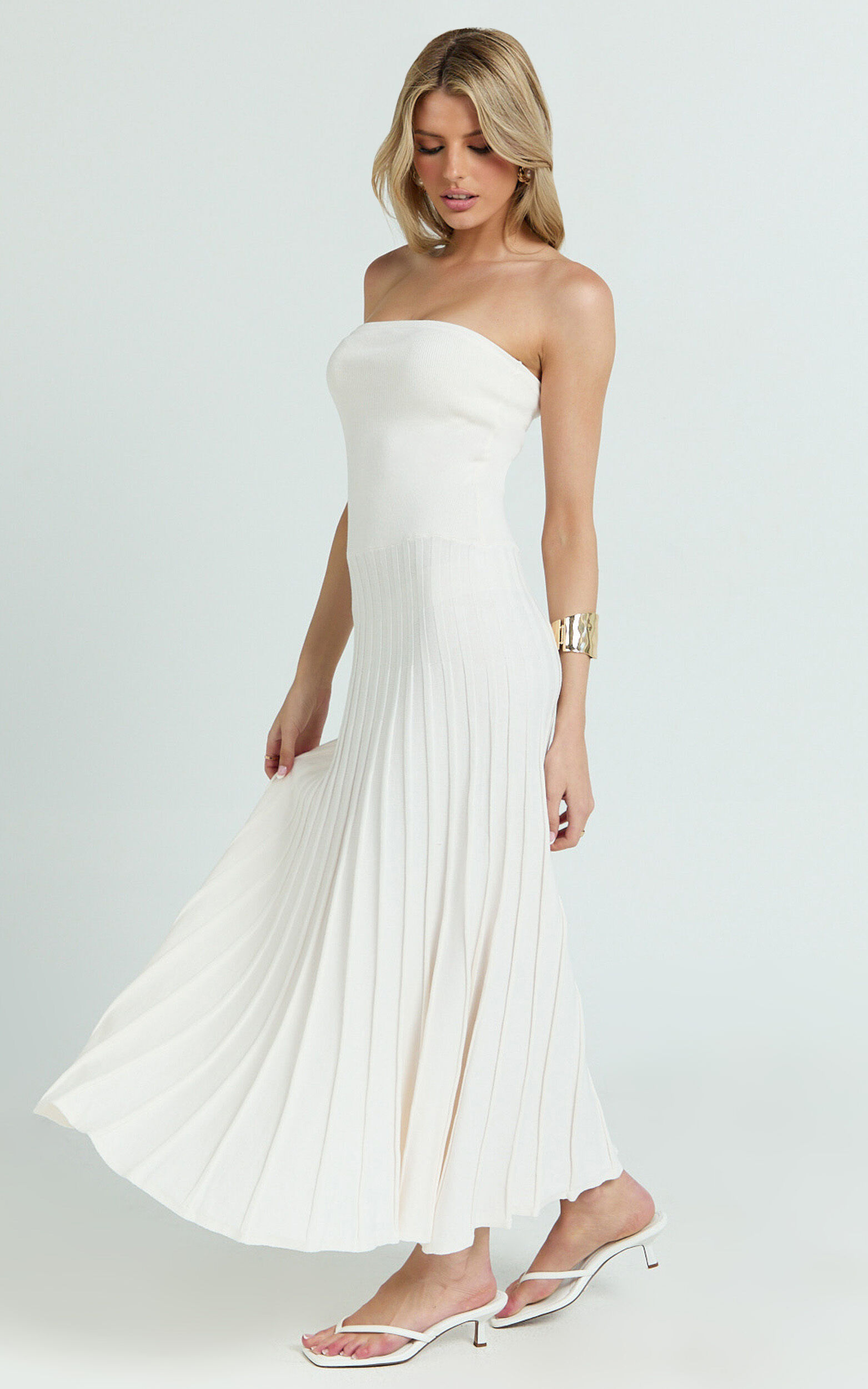 Paris Midi Dress - Strapless Drop Waist Pleated Knit Dress in White
