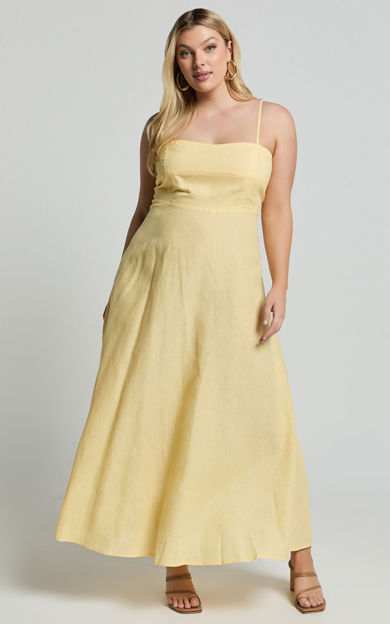 Brette Midi Dress - Linen Straight Neck Strappy Fit And Flare Dress in Lemon