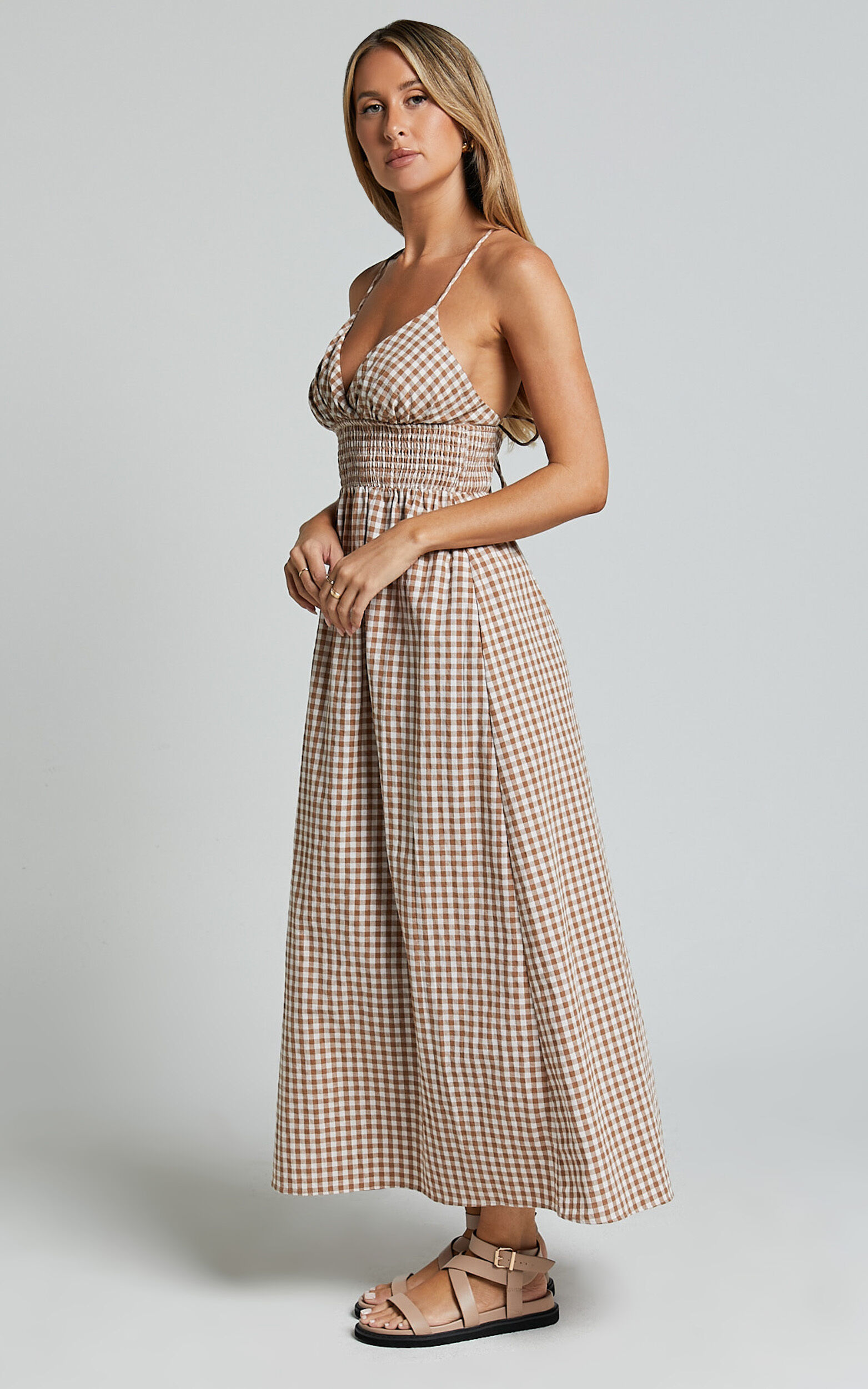 Toni Midi Dress - Strappy Gingham Dress in Caramel and White Gingham