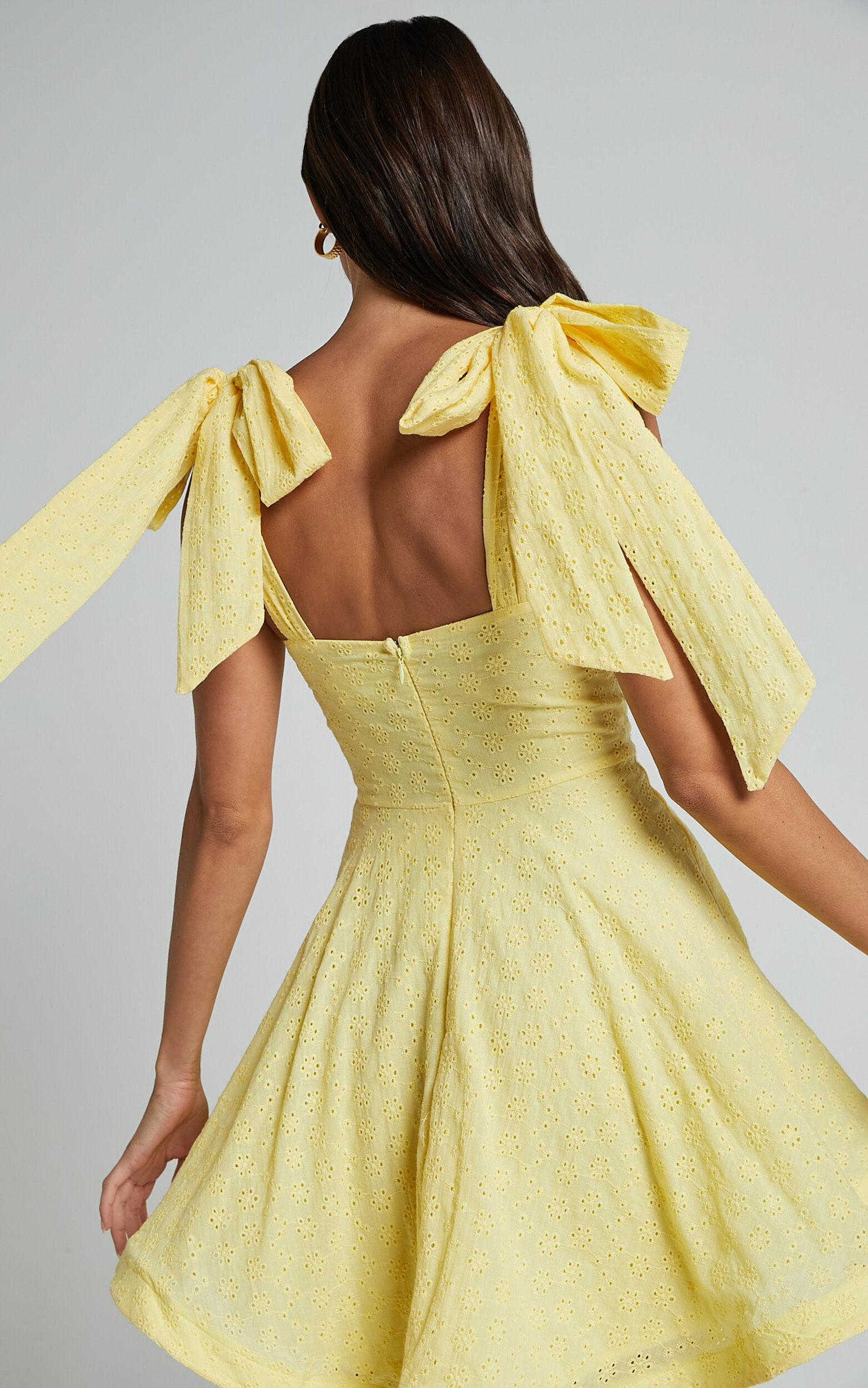 Clyde Mini Dress - Sweetheart Tie Strap Broderie Anglaise Dress in Lemon
