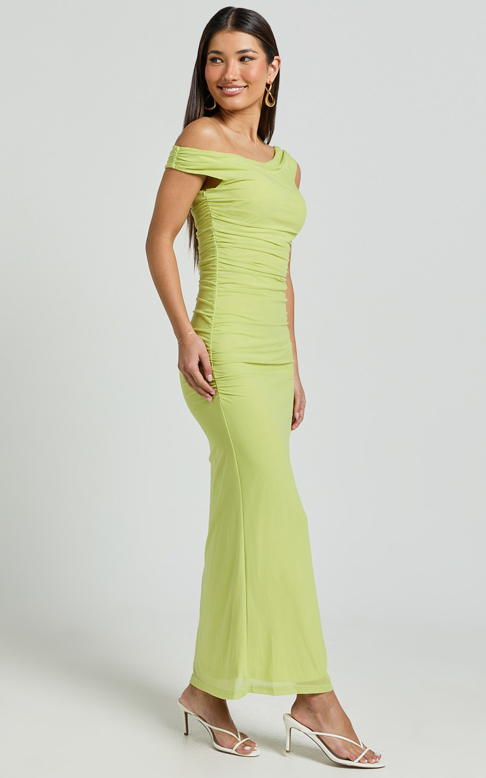 Vicky Midi Dress - Off the Shoulder Slip Dress in Lime