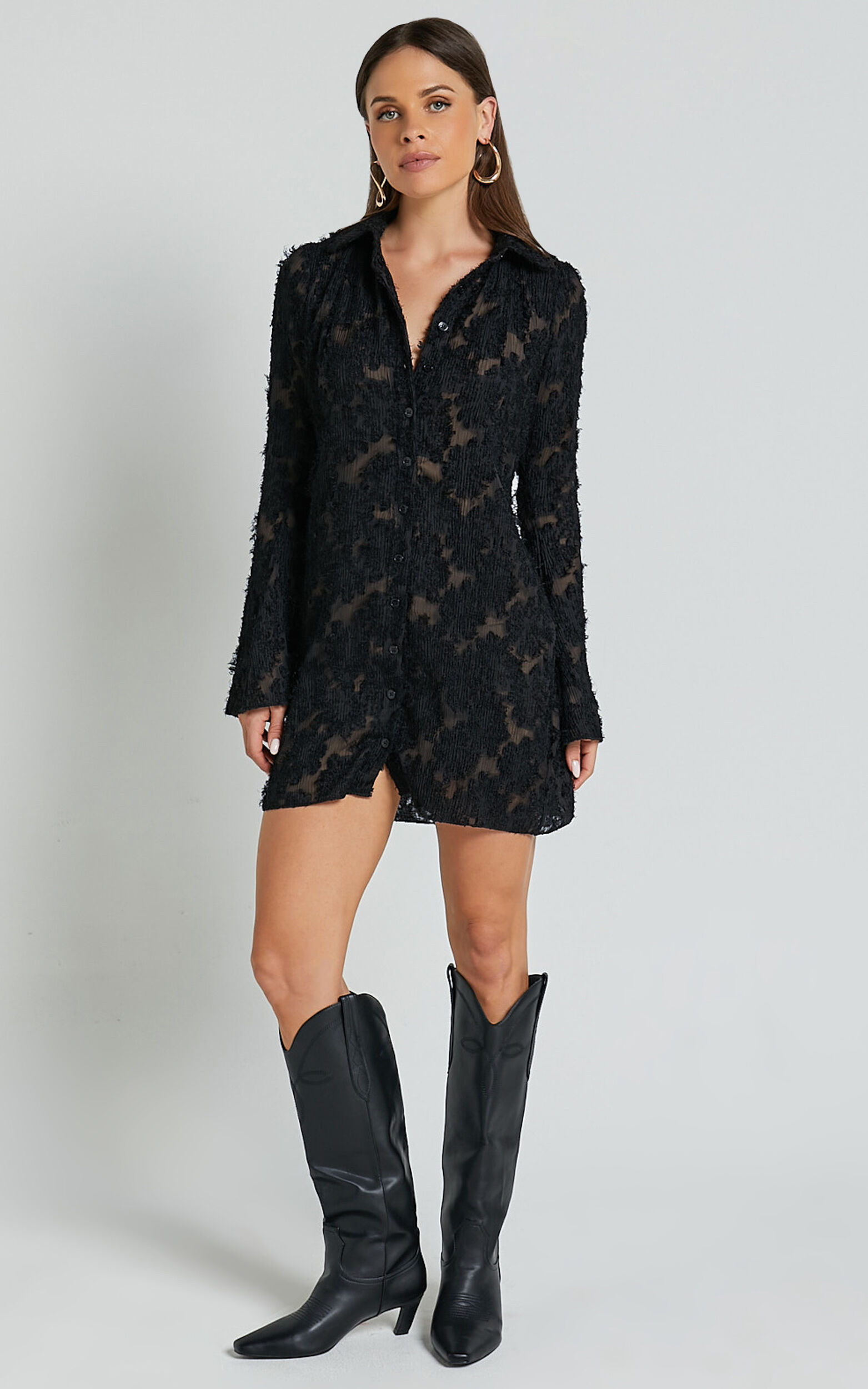 Ava Mini Dress - Long Sleeve Fitted Clipped Jacquard Dress in Black