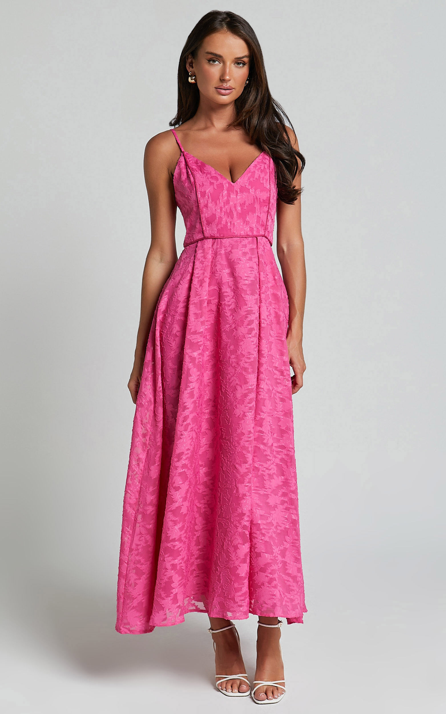 Philine Midi Dress - Jacquard Plunge Fit and Flare Dress in Pink