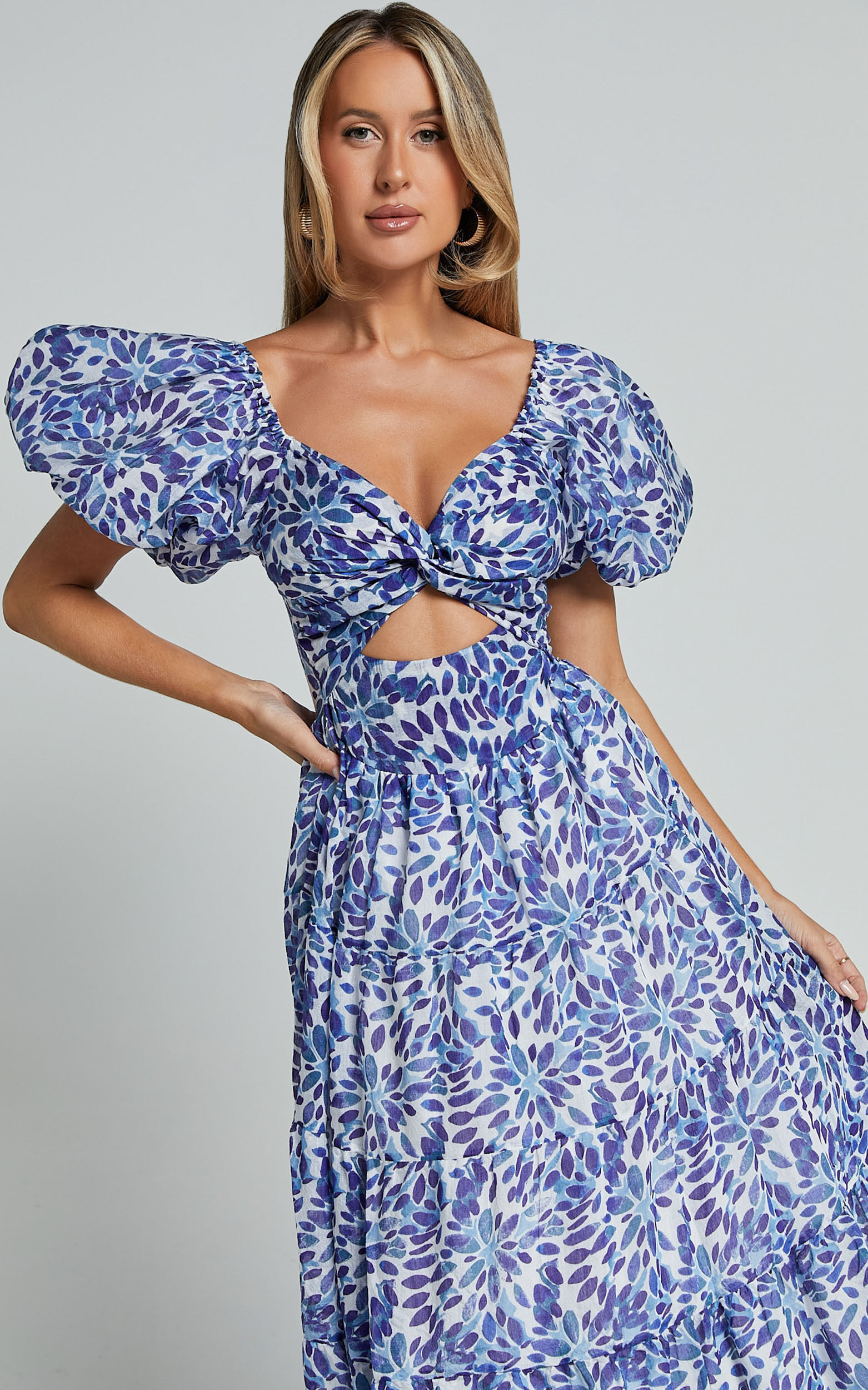 Nelrose Midi Dress - Short Puff Sleeve Front Cut Out Dress in Blue Print