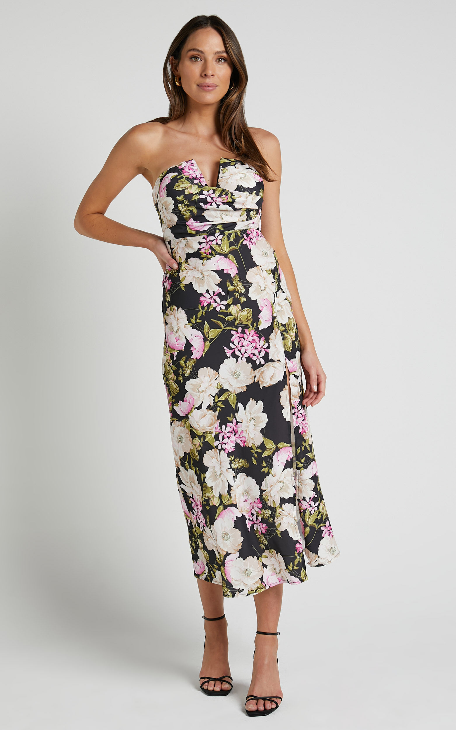 Janise Midi Dress - V Neck Wrap Top Detail Thigh Split Dress in Midnight Floral