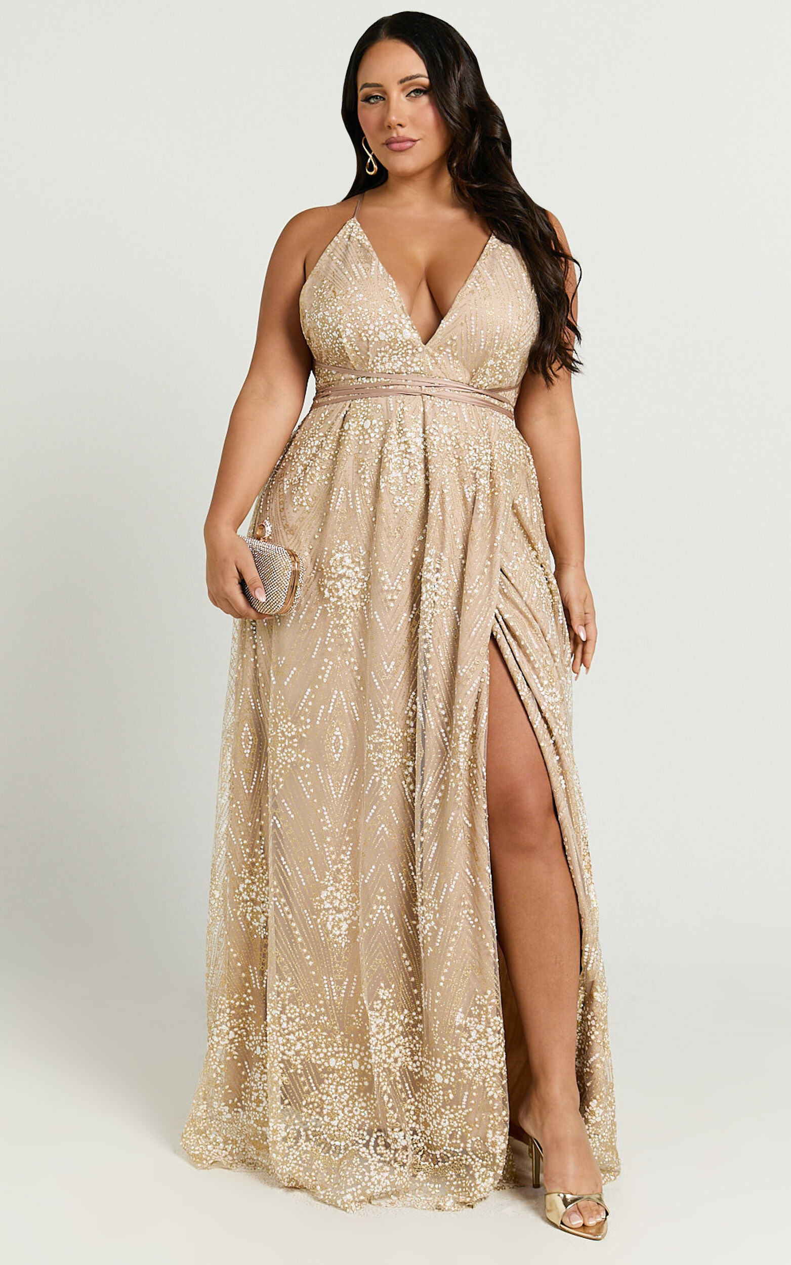 New York Nights Maxi Dress - Sequin Plunge Cross Back Dress in Gold
