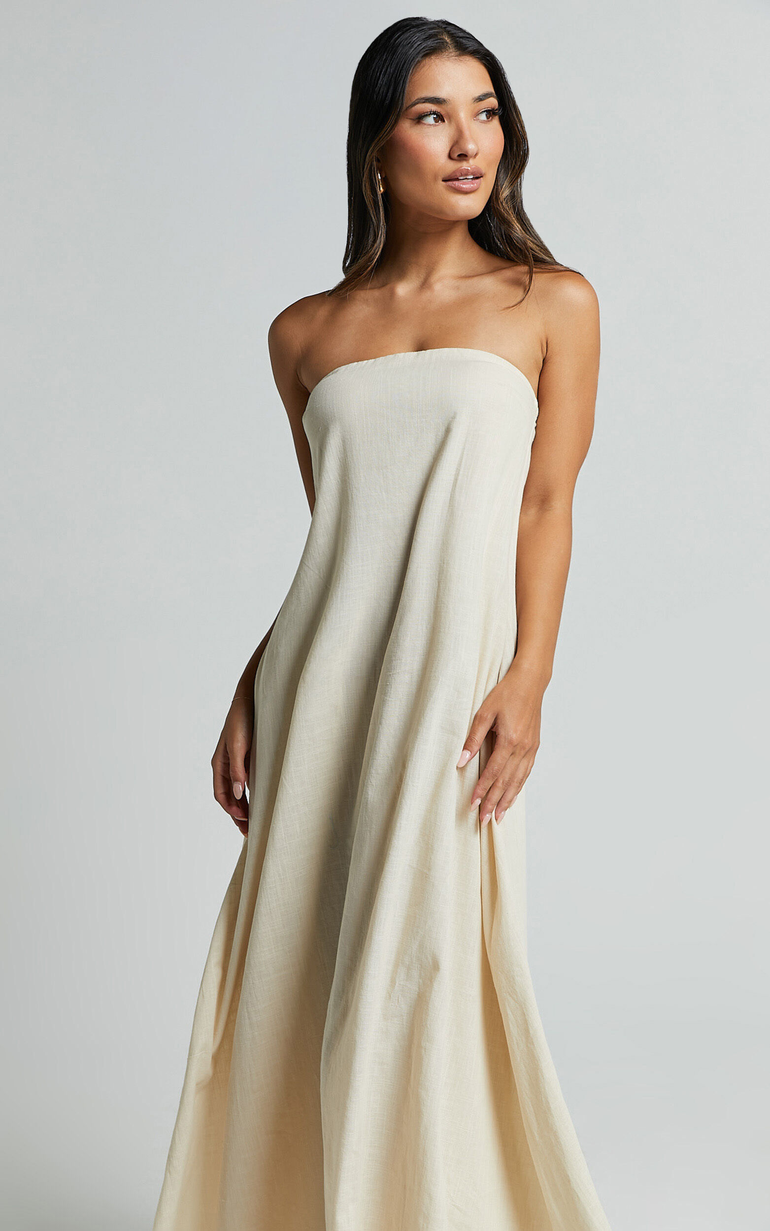 Adessa Maxi Linen Dress - Strapless A Line Dress in Beige