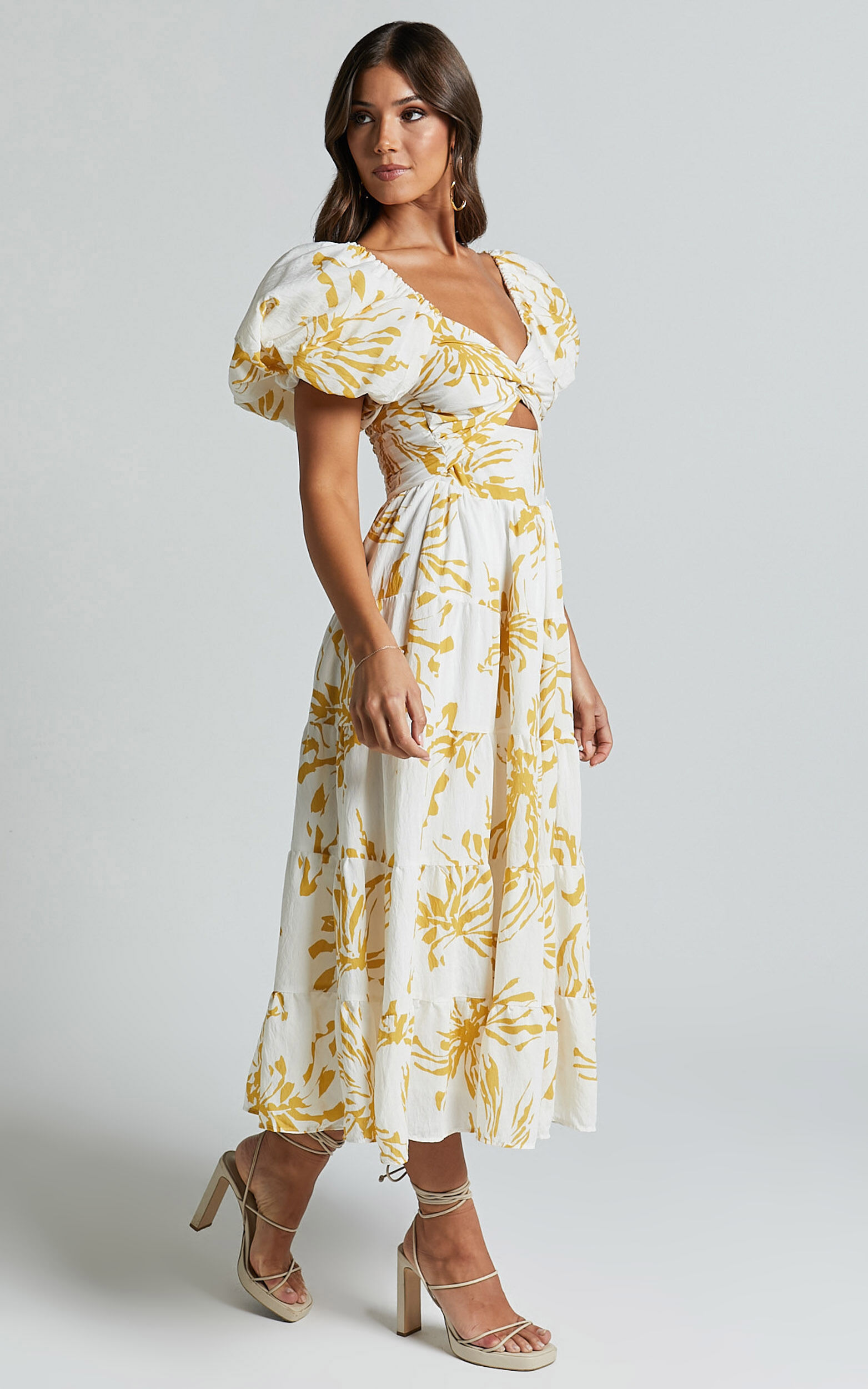 Jamaella Midi Dress - Short Puff Sleeve Front Cut Out Dress in White Floral