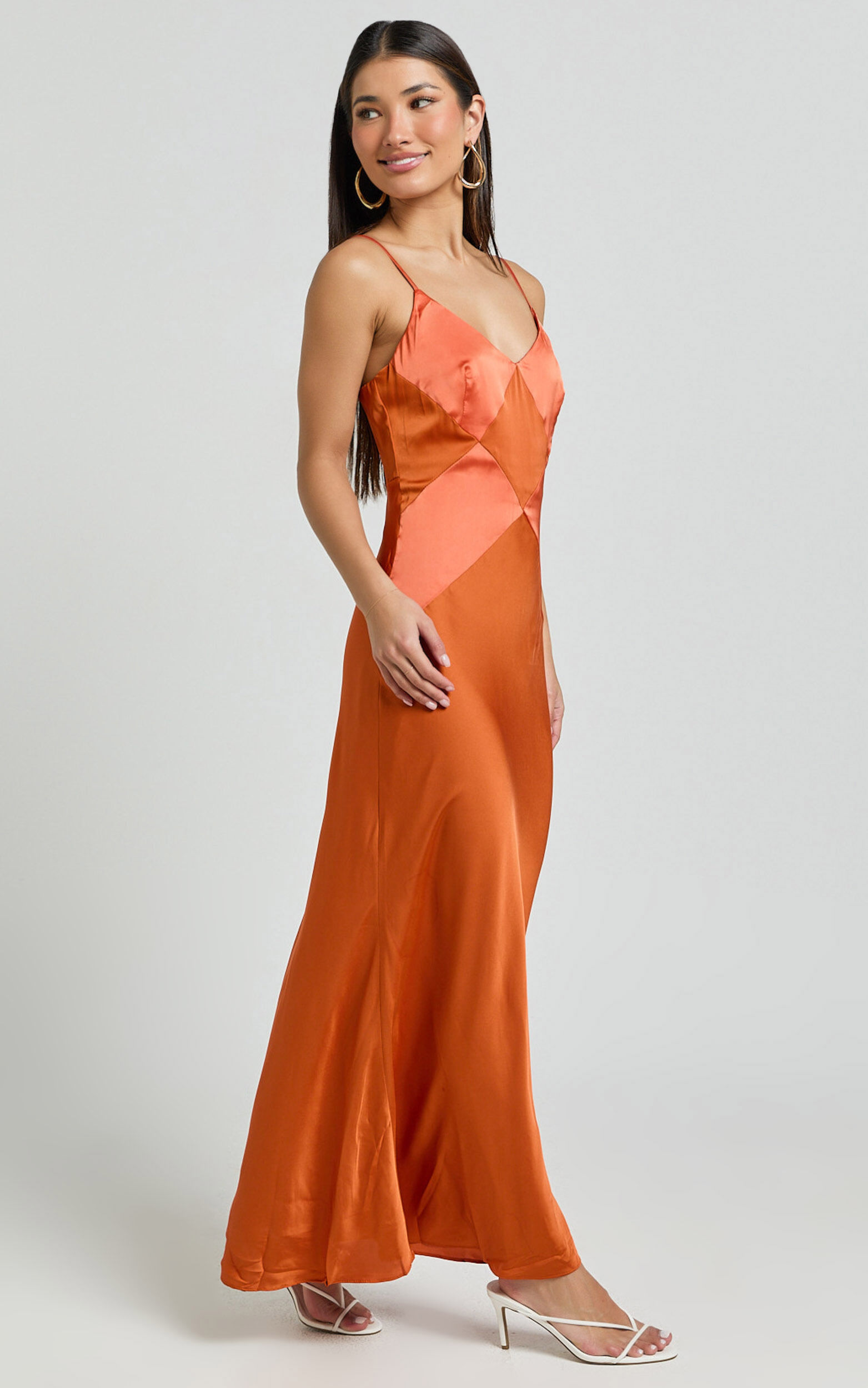 Amira Midi Dress - V Neck Sleeveless Slip Dress in Orange
