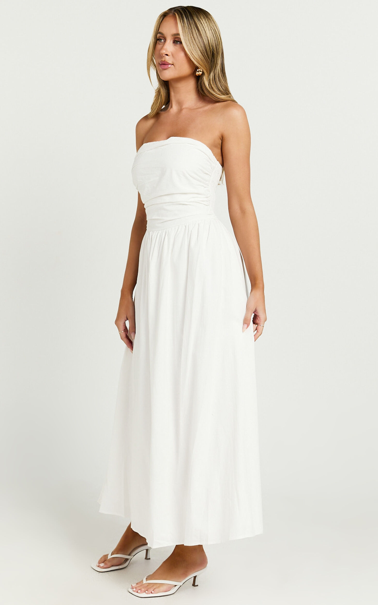 Polly Midi Dress - Strapless Ruched Dress in White