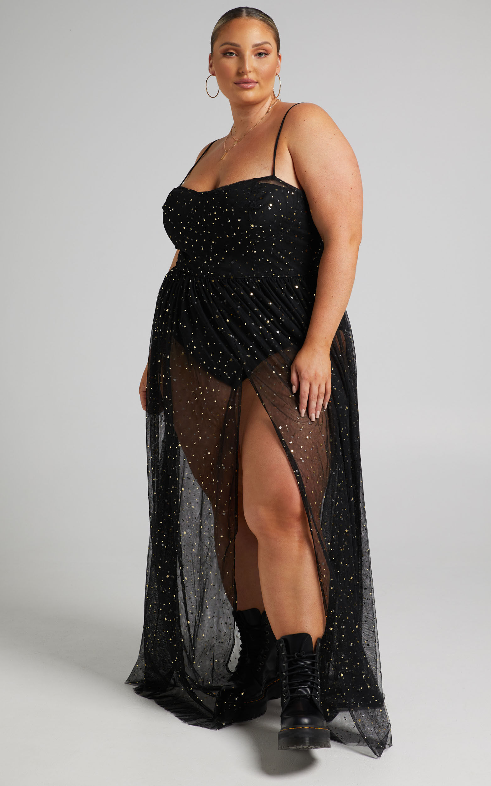 Stunning View Maxi Dress - Bodice Sheer Dress in Black Mesh