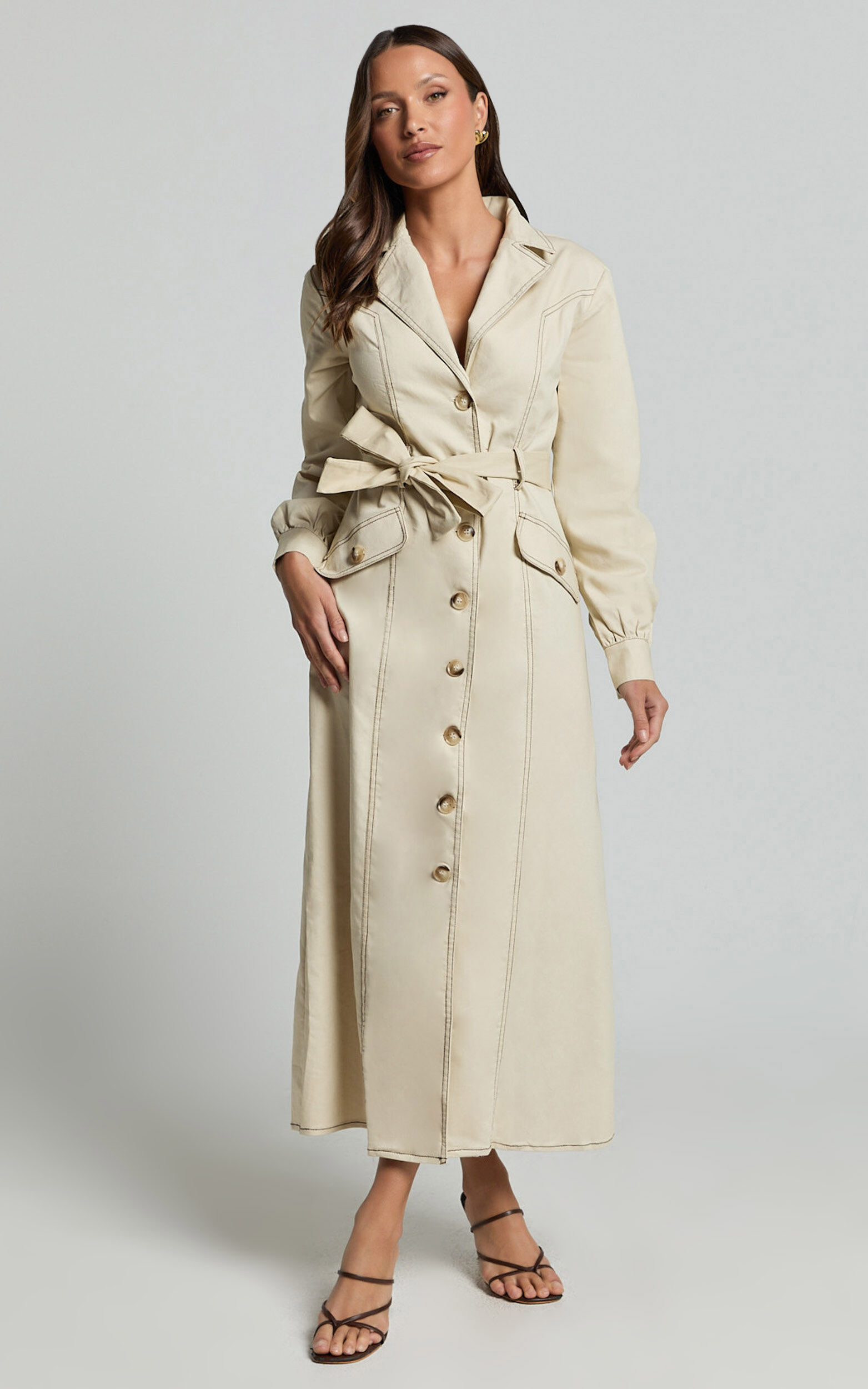 Yelena Midi Dress - Button up Collared Belted Long Sleeve Dress in Natural