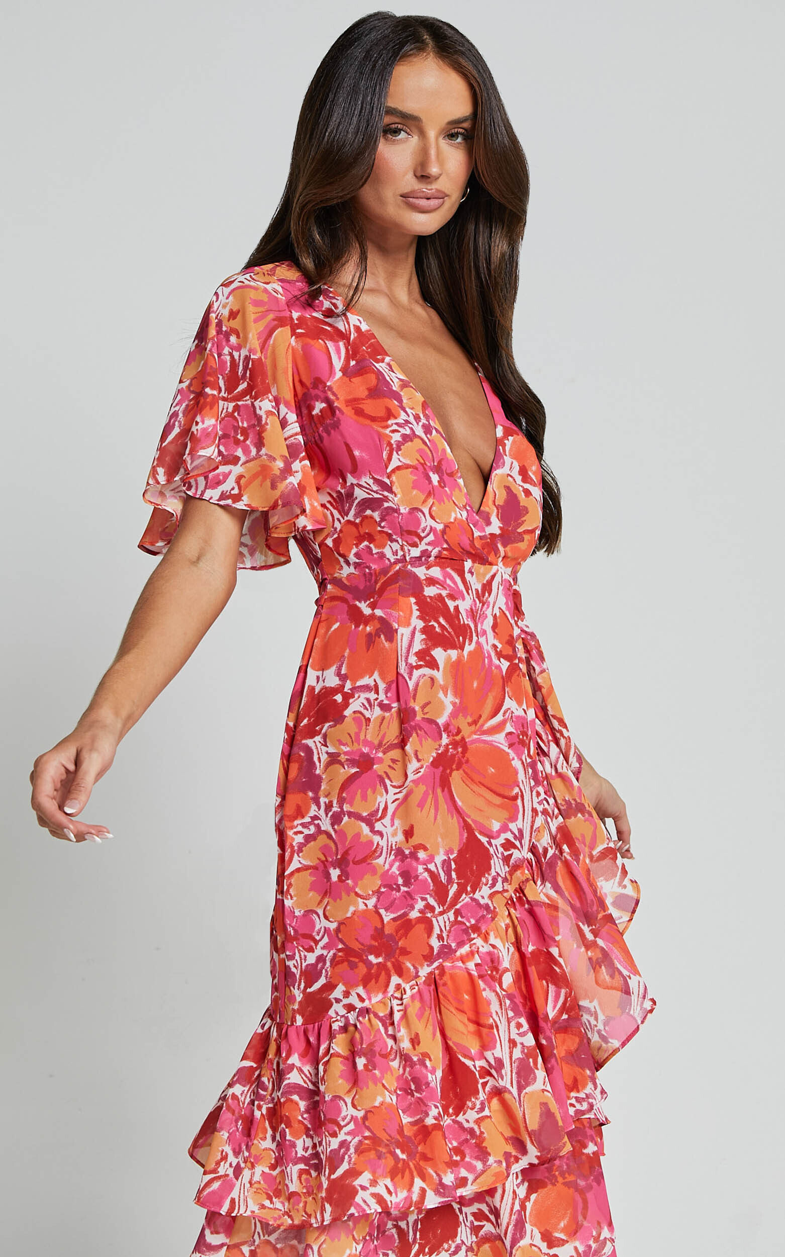 Ramela Midi Dress - V Neck Short Flutter Sleeve Frill Detail Wrap Dress in Paradise Floral