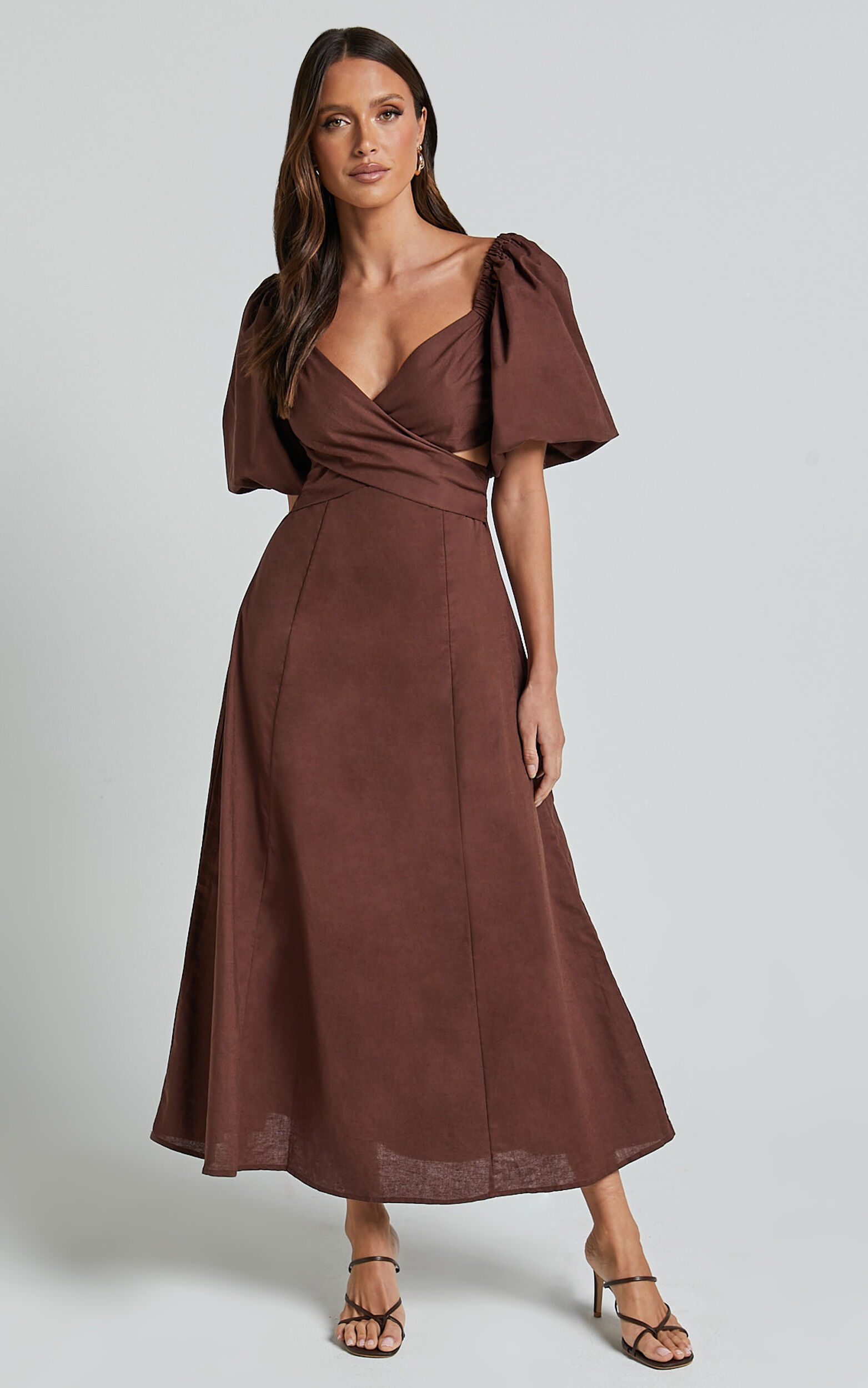 Amalie The Label - Janae Linen Blend Puff Sleeve Cut Out Midi Dress in Chocolate