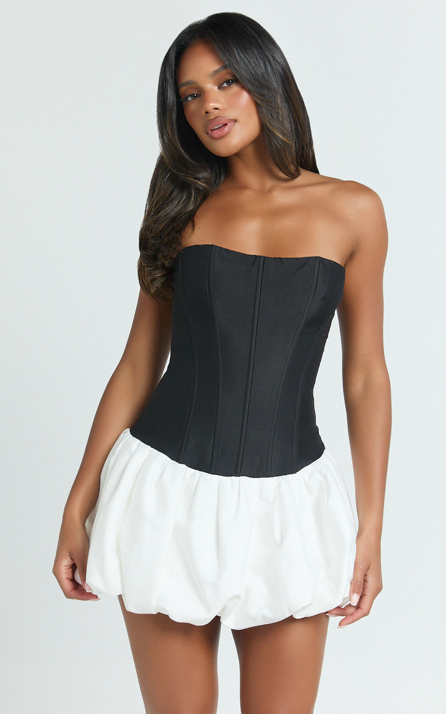 Santana Mini Dress - Strapless Fit And Flare Bubble Hem Dress in Black/White