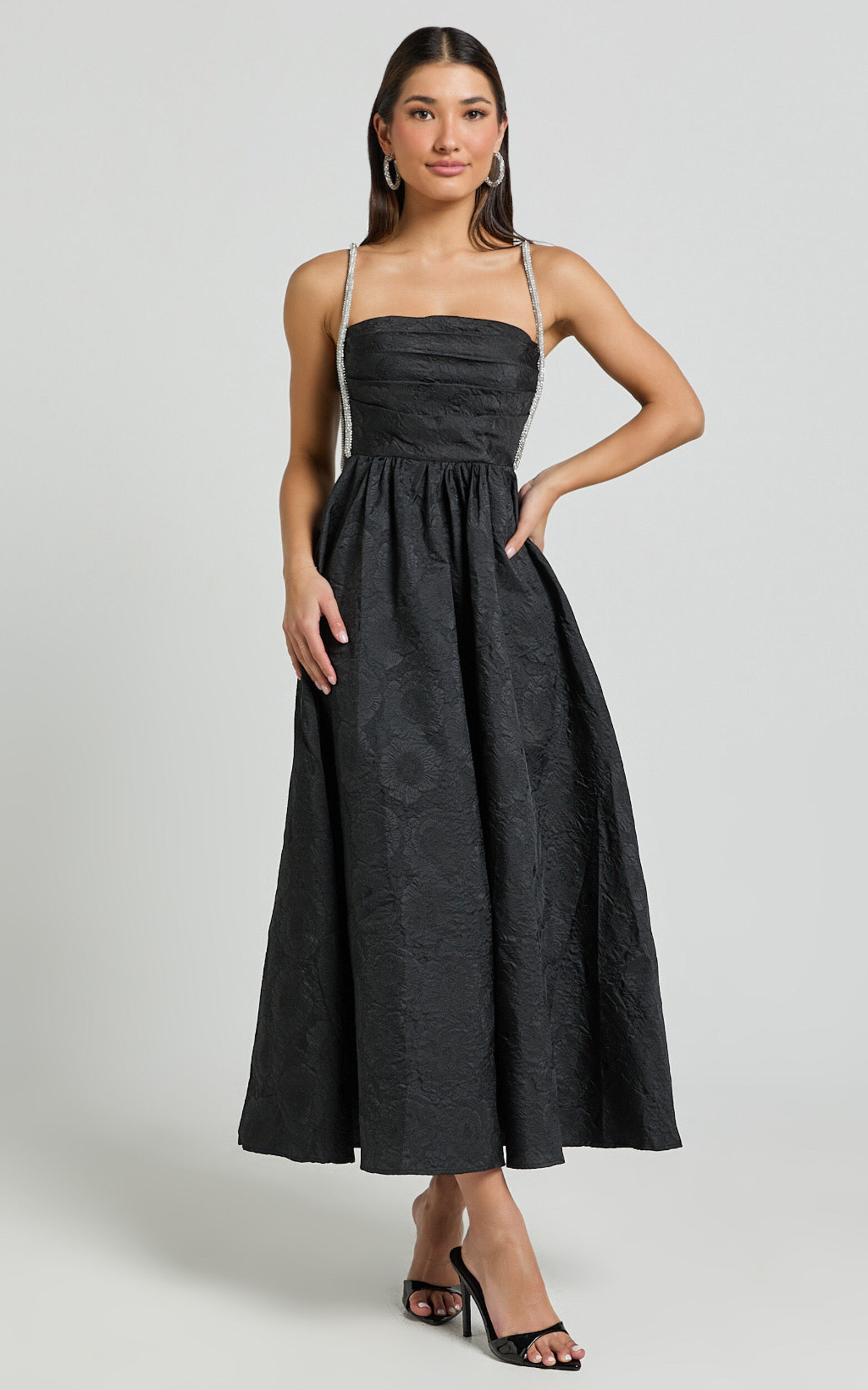 Alvia Midi Dress - Diamante Strap Ruched Straight Neck Dress in Black