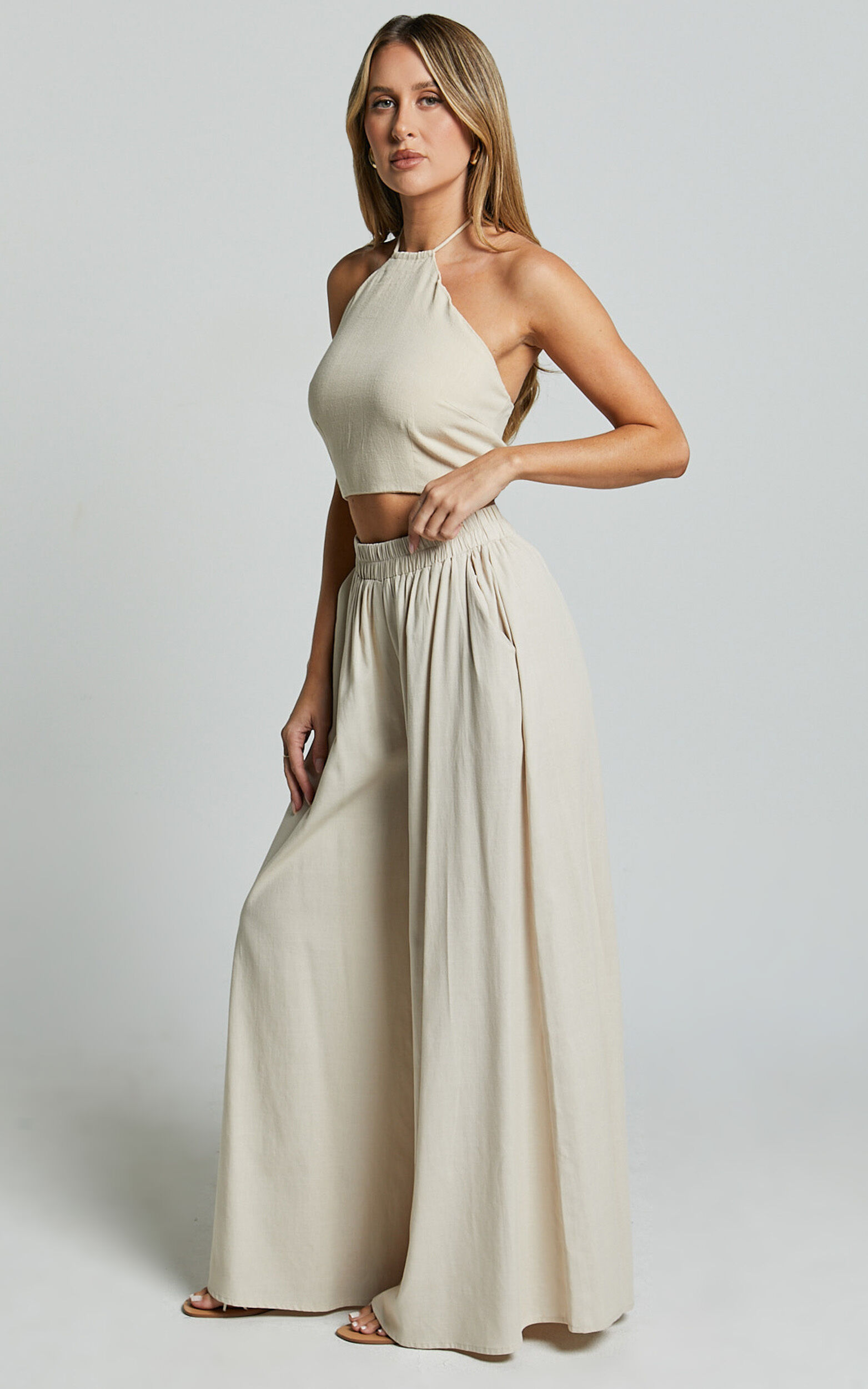 Tamara Pants - High Elasticated Waist Wide Leg Pants in Natural
