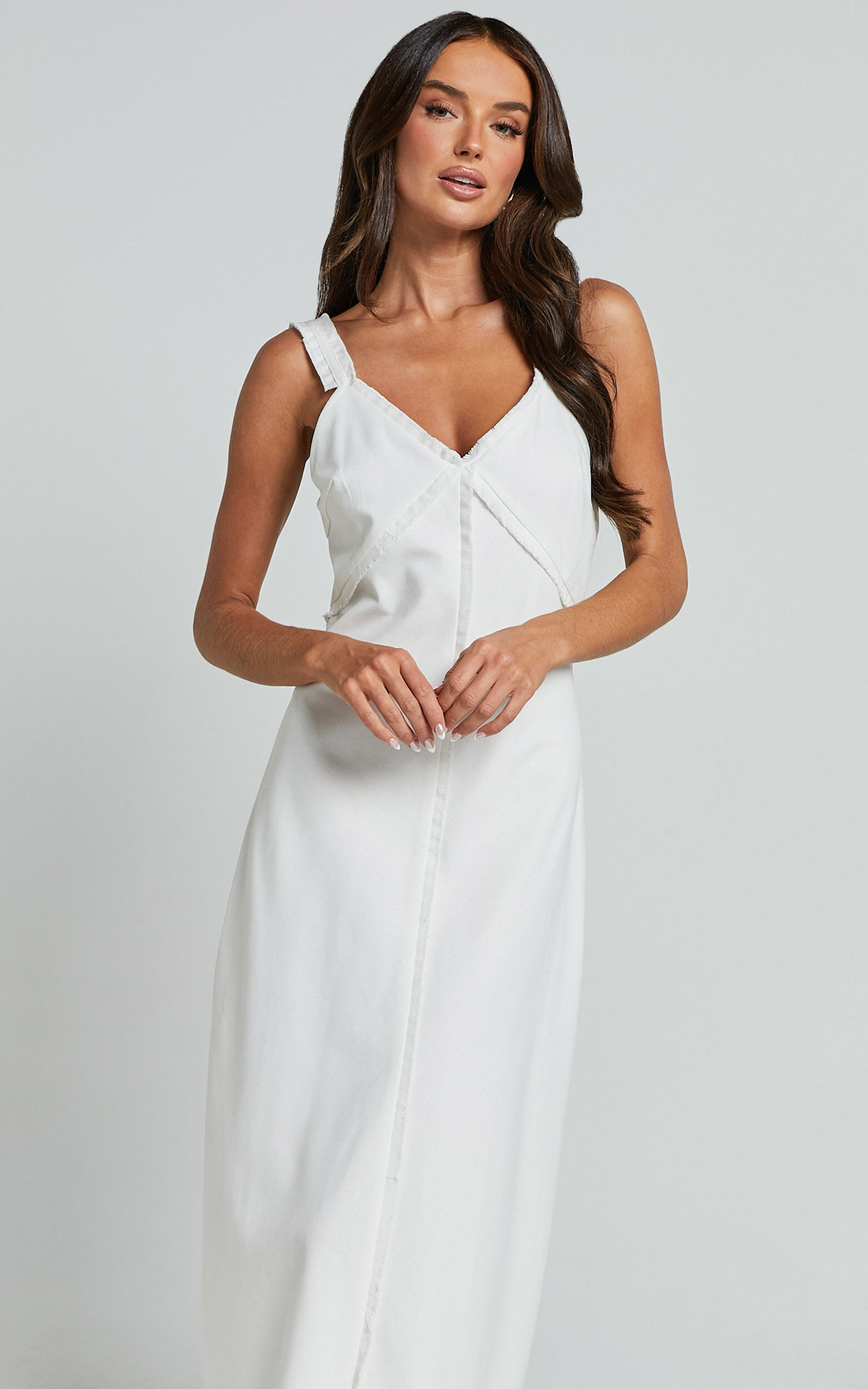 Mikella Midi Linen Dress - Linen Exposed Seam Shift Dress in White