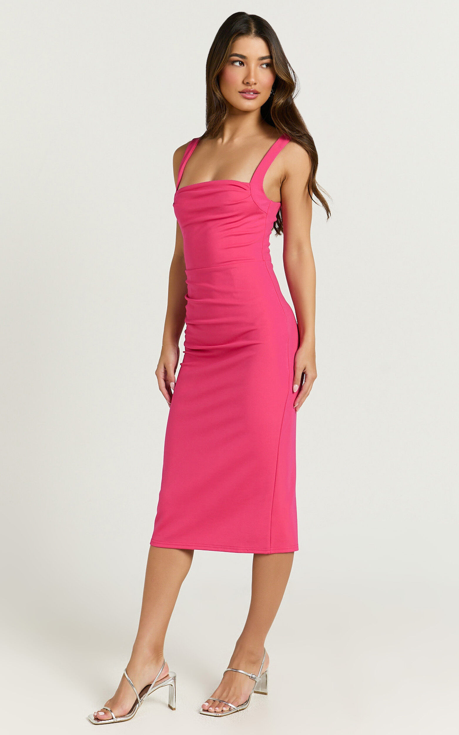 Tiffy Midi Dress - Square Neck Ruched Bodycon Dress in Pink