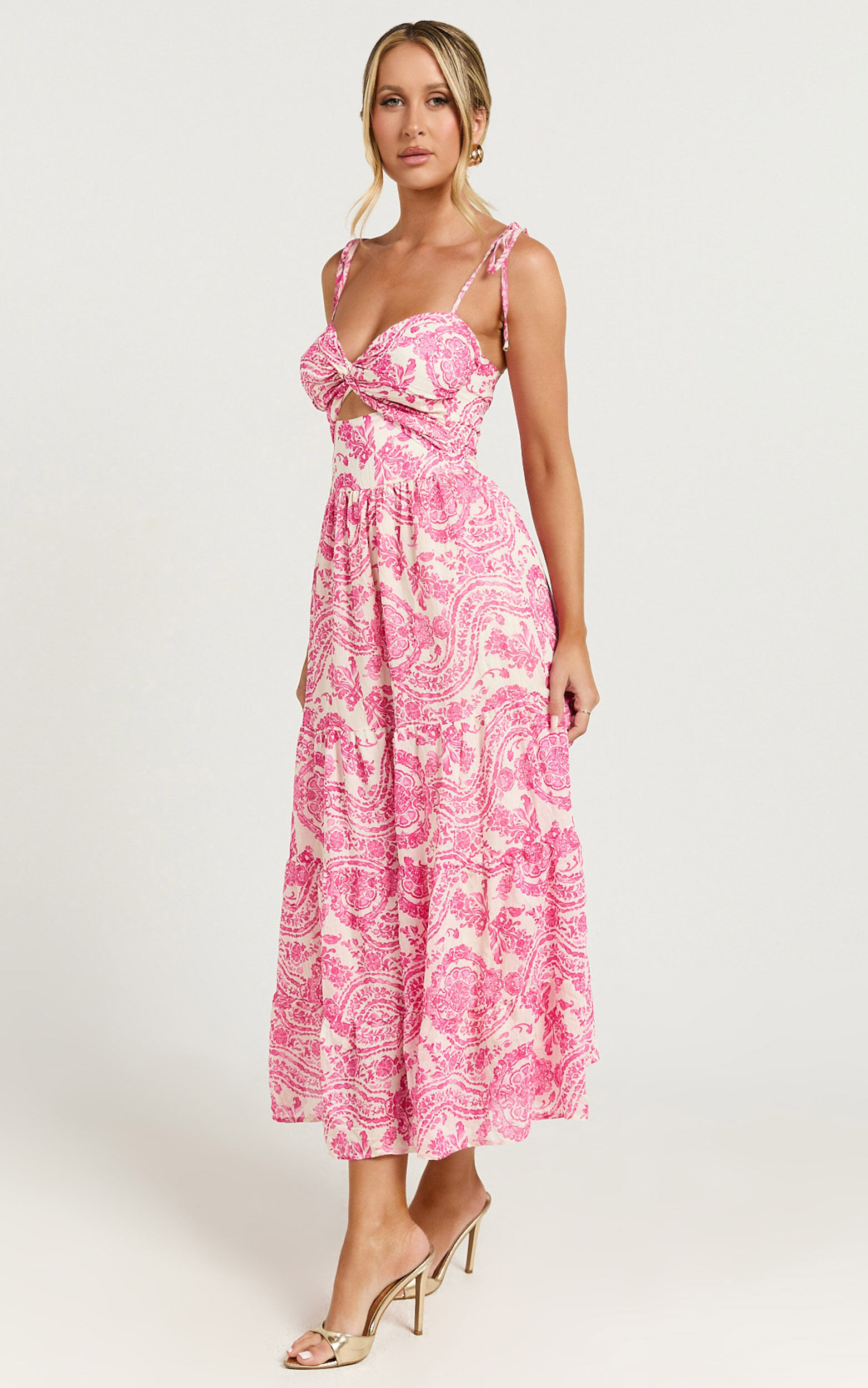 Esmeralda Midi Dress - Strappy Cut Out Tiered Dress in Pink Floral