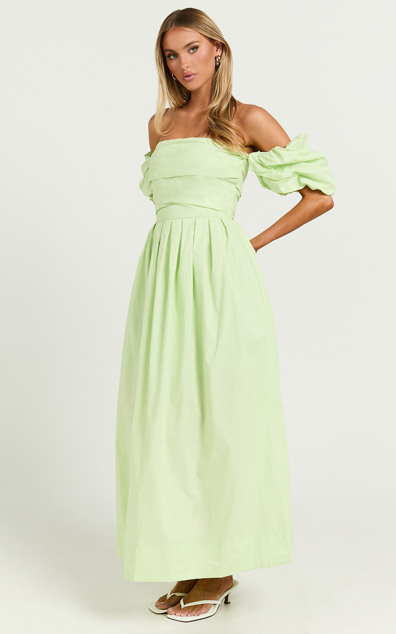 Annie Midi Dress - Off The Shoulder Ruffle Sleeve Pleated Dress in Lime
